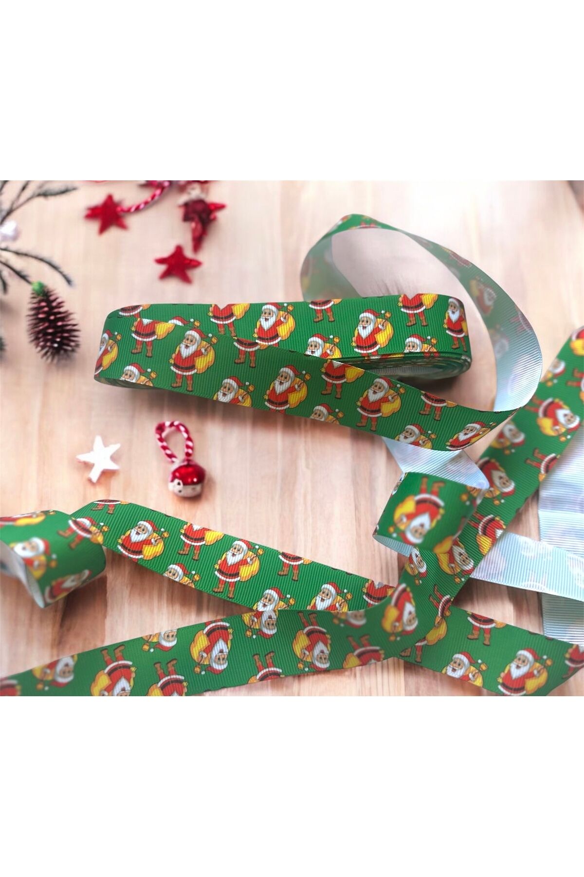 Yılbaşı Hediye Paketleme Kurdelesi Çam Ağacı Yılbaşı Kurdelesi Desenli Yılbaşı Kurdelesi 2 Metre noel baba
