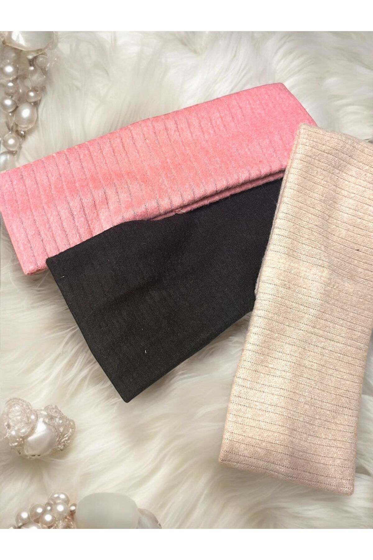3 adet set bandana kalın bandana kışlık saç bandı  pamuklu saç bandı kalın Bej-Siyah-Pembe