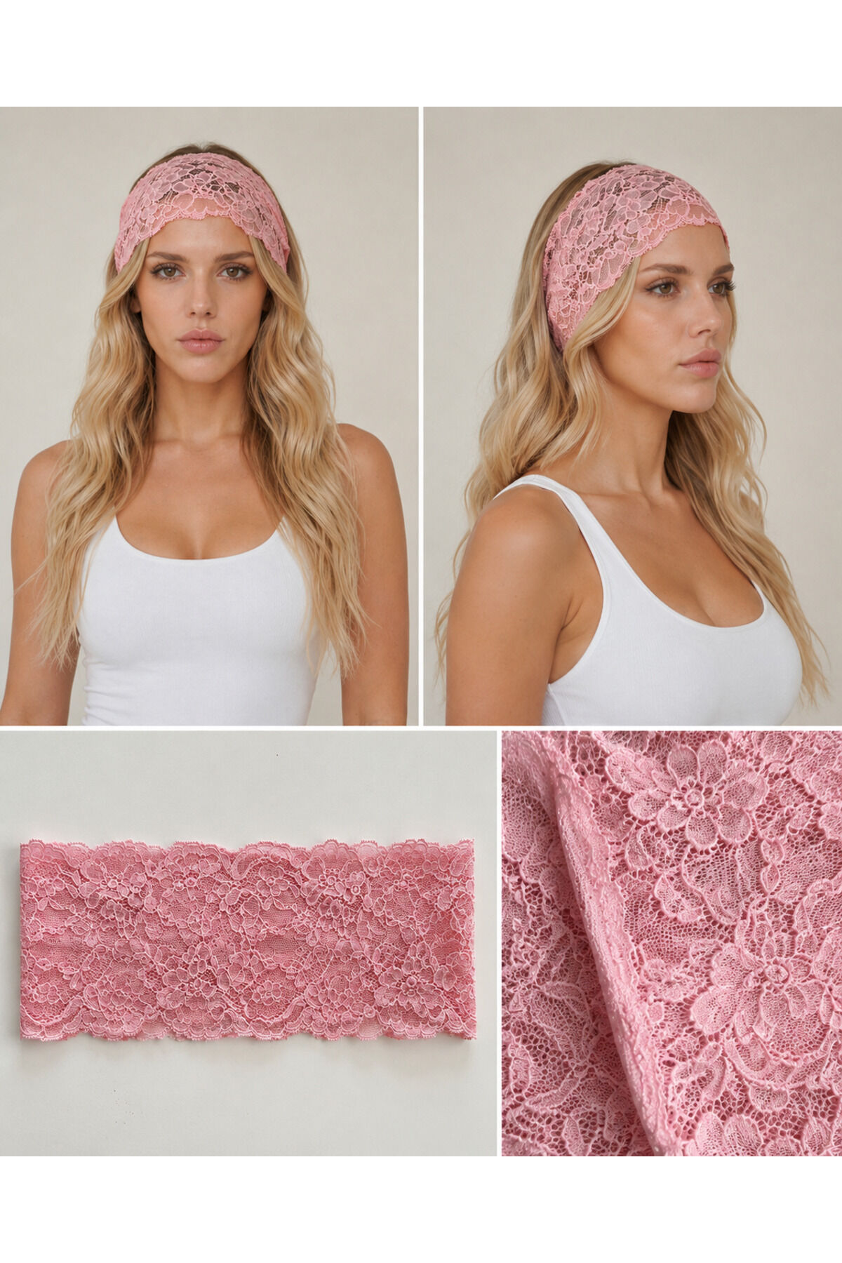 Dantelli kalın eşarp saç bandı lastikli kalın dantel bandana Pembe