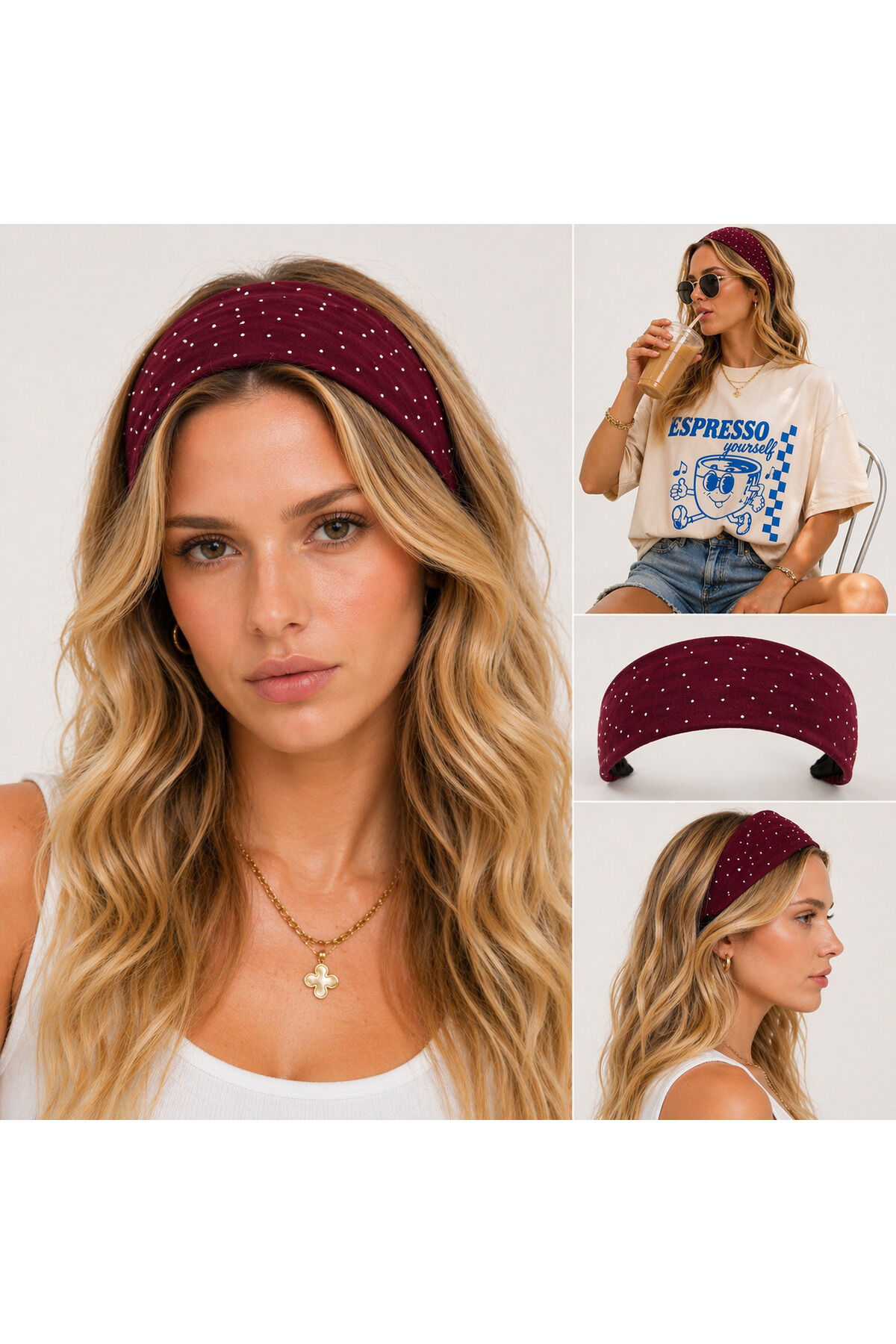 Taşlı esnek saç Bandı Parlak kalın pamuklu saç bandı taş detaylı bandana Bordo