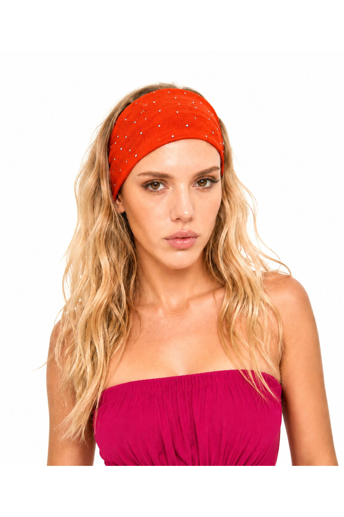 Taşlı Saç Bandı Dolgulu parlak taşlı bandana soft kumaş sac bandı Turuncu