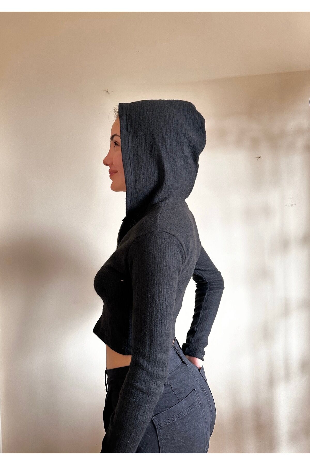 Çift fermuarlı crop Yumuşak soft kumaş fermuarlı kapüşonlu crop siyah - M