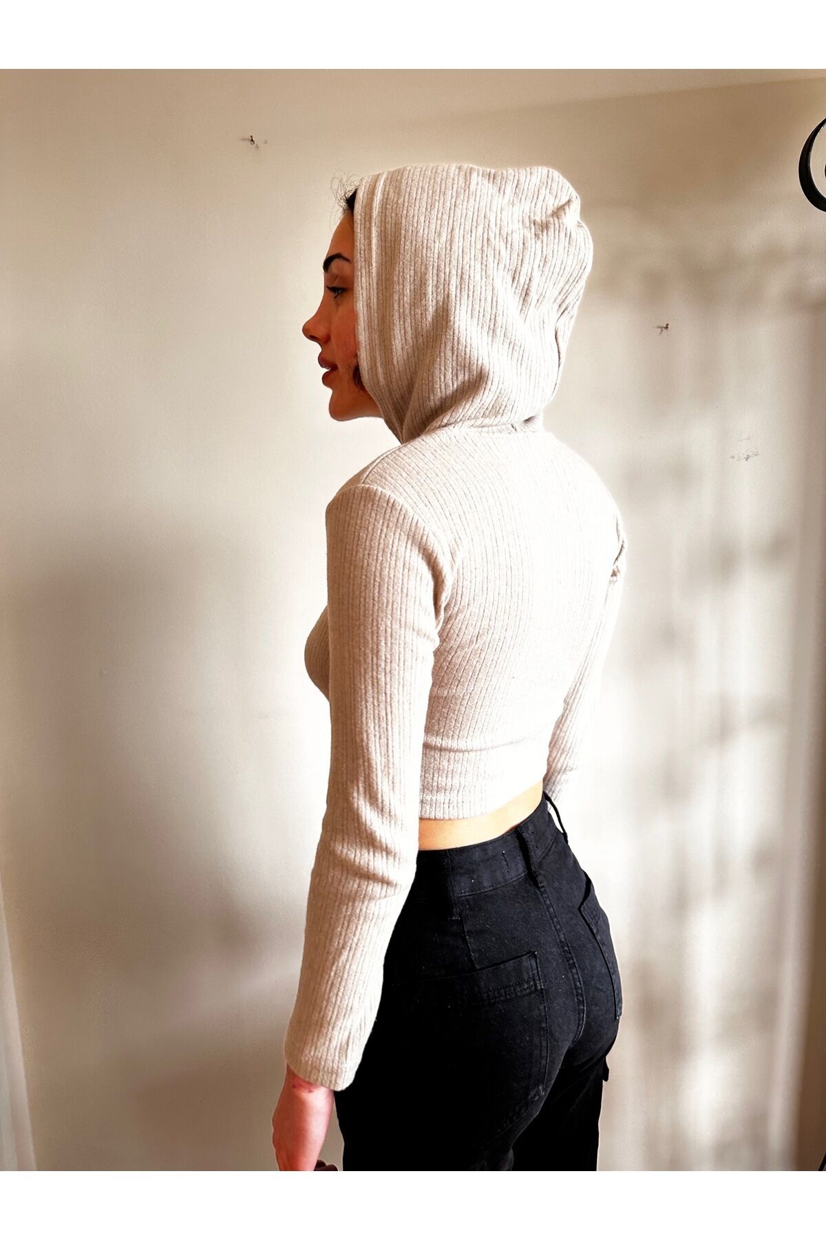 Çift fermuarlı crop Yumuşak soft kumaş fermuarlı kapüşonlu crop sütlü kahve - M