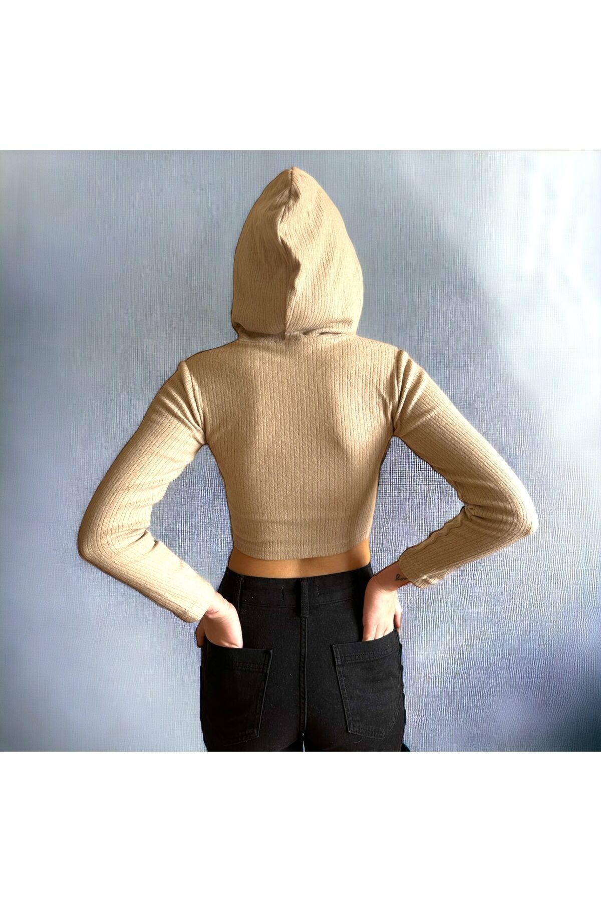 Çift fermuarlı crop Yumuşak soft kumaş fermuarlı kapüşonlu crop sütlü kahve - M