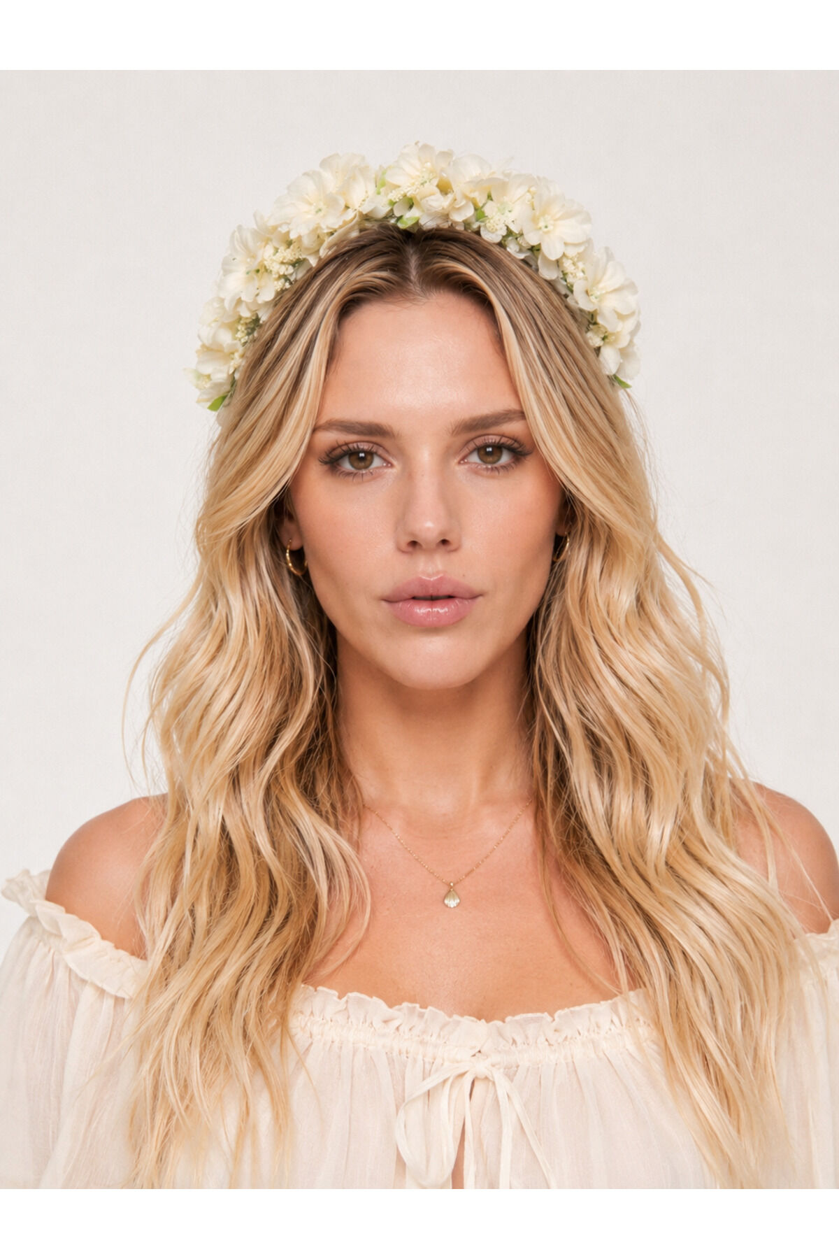 Ekru Ortanca Çiçekli Taç Boho Gelin Tacı Düğün Tacı Nikah Tacı Kına Tacı Festival Saç Aksesuarı El Yapımı Çiçek Taç Ekru cok cıcek