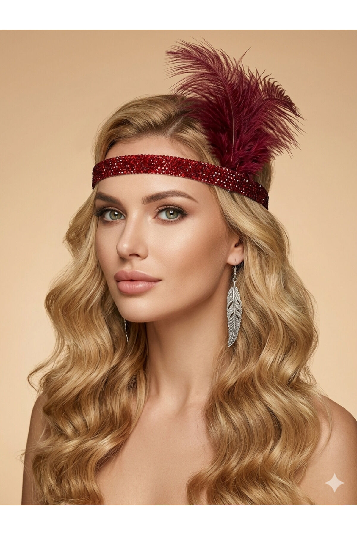 Gatsby taç tüy detaylı taşlı taç tasarım taşlı taç parti taç Bordo bordo