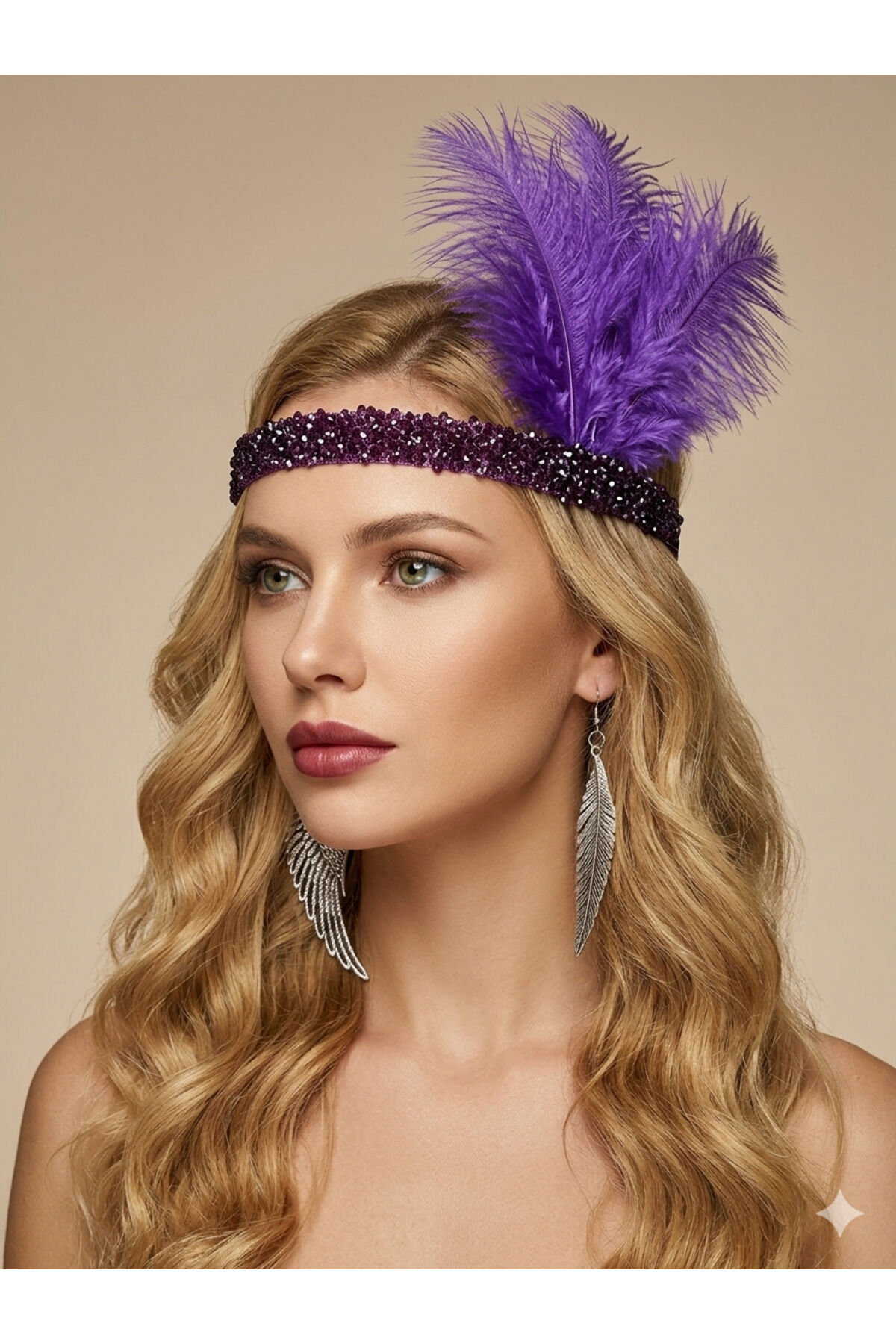 Gatsby taç tüy detaylı taşlı taç tasarım taşlı taç parti taç Mor mor