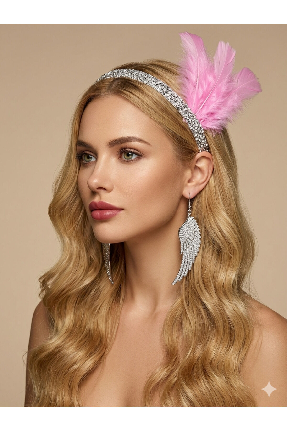 Gatsby taç tüy detaylı taşlı taç tasarım taşlı taç parti taç Pembe gumus