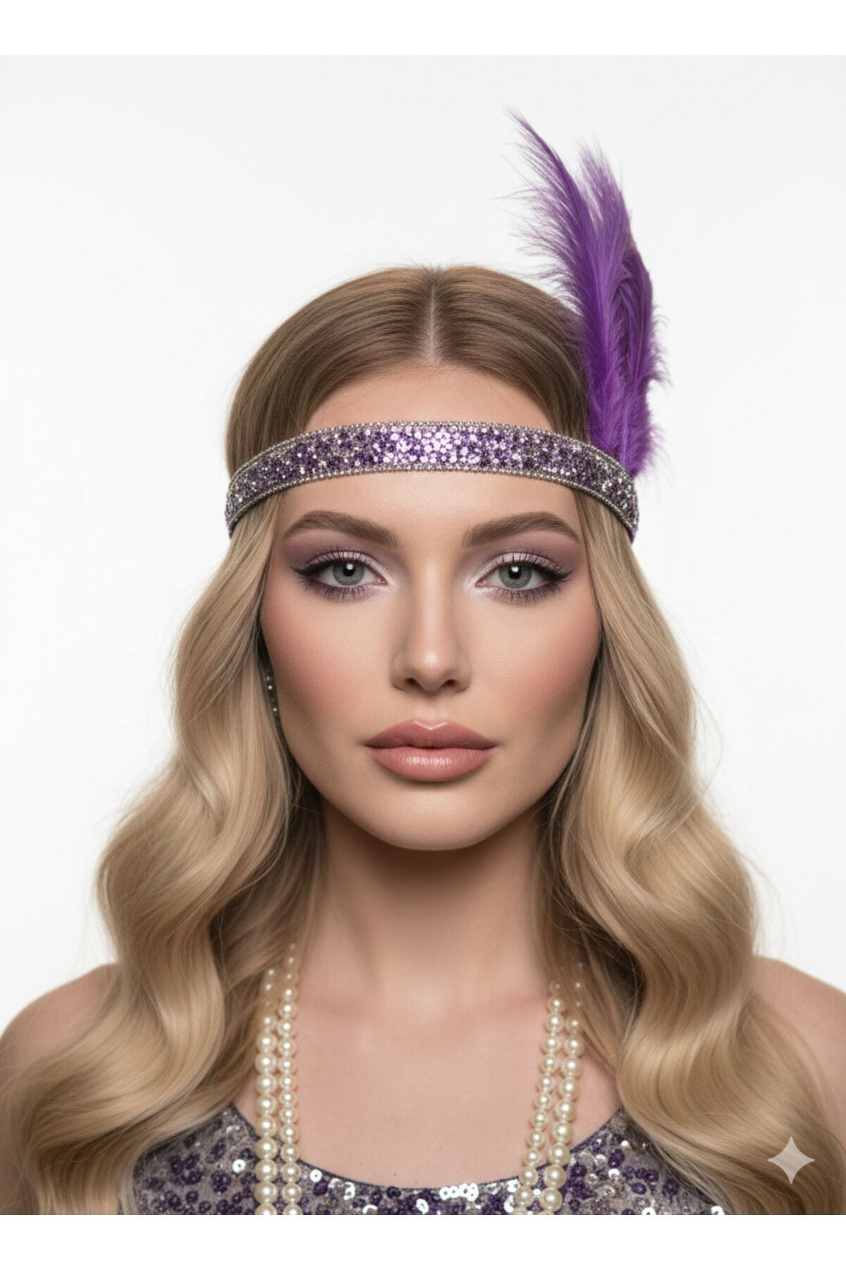 Gatsby taç tüy detaylı taşlı taç tasarım taşlı taç parti taç Mor