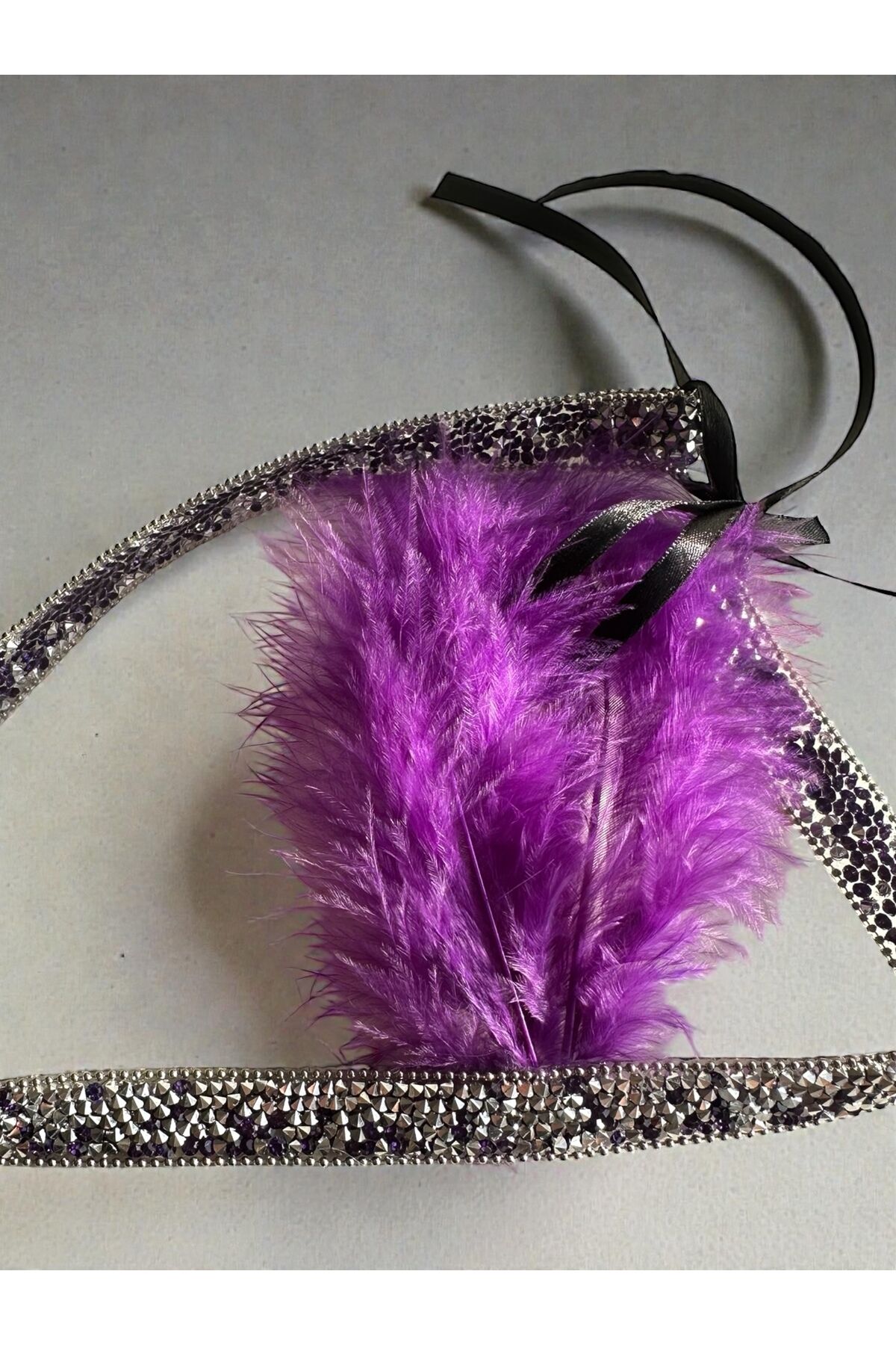 Gatsby taç tüy detaylı taşlı taç tasarım taşlı taç parti taç Mor