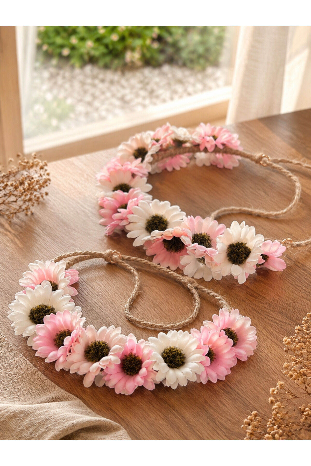 Tasarım Çiçekli Taç Bahar Tacı Bride Taç Festival tacı Pembe beyaz hare papatya