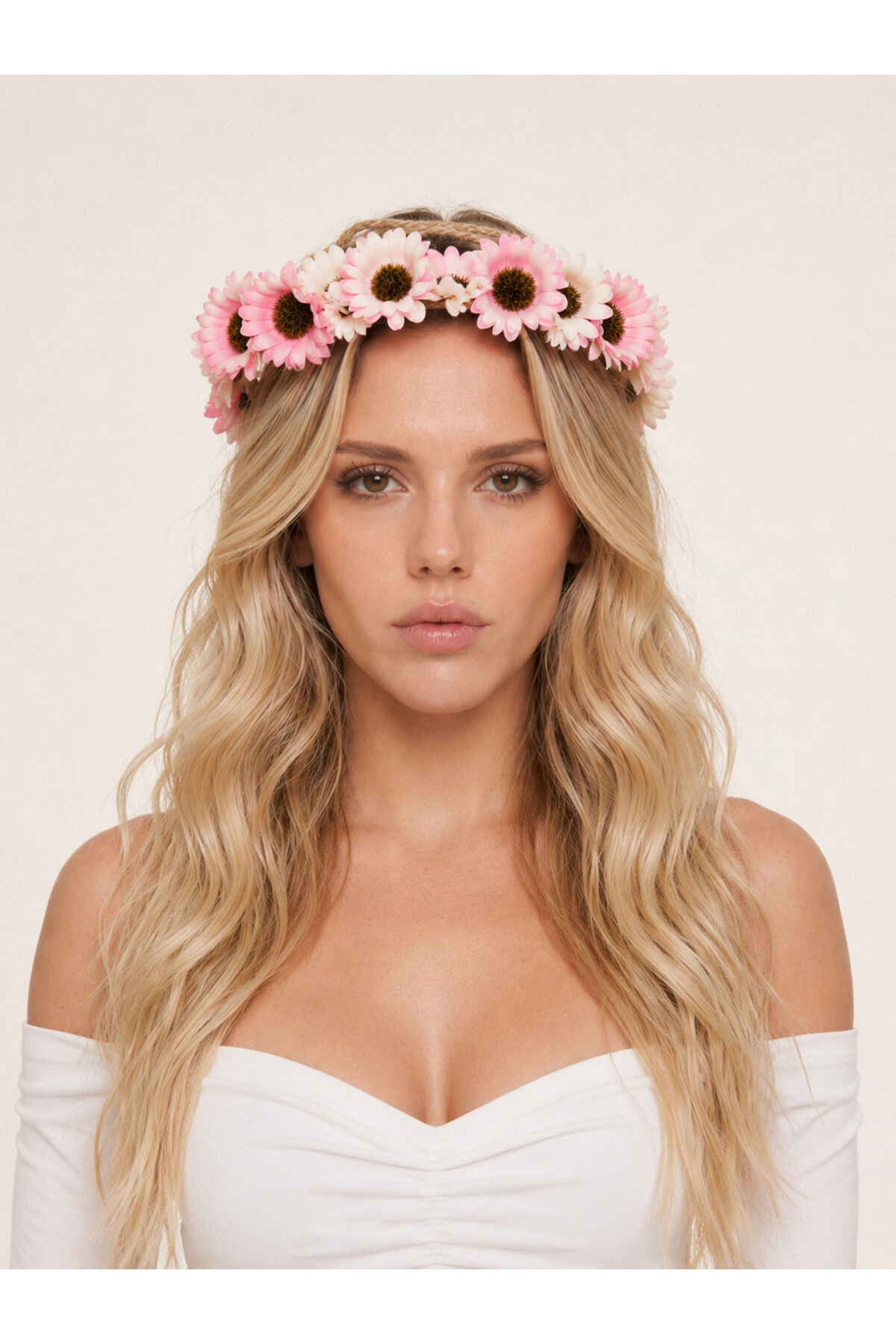 Tasarım Çiçekli Taç Bahar Tacı Bride Taç Festival tacı Pembe beyaz hare papatya