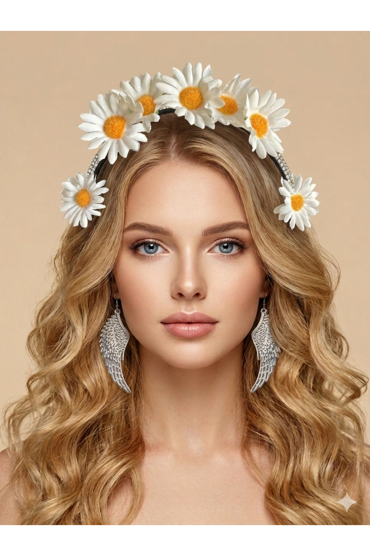 Tasarım Çiçekli Taç Gelin Taç Bride Taç Festival tacı Beyaz Gül taç Sarı papatya