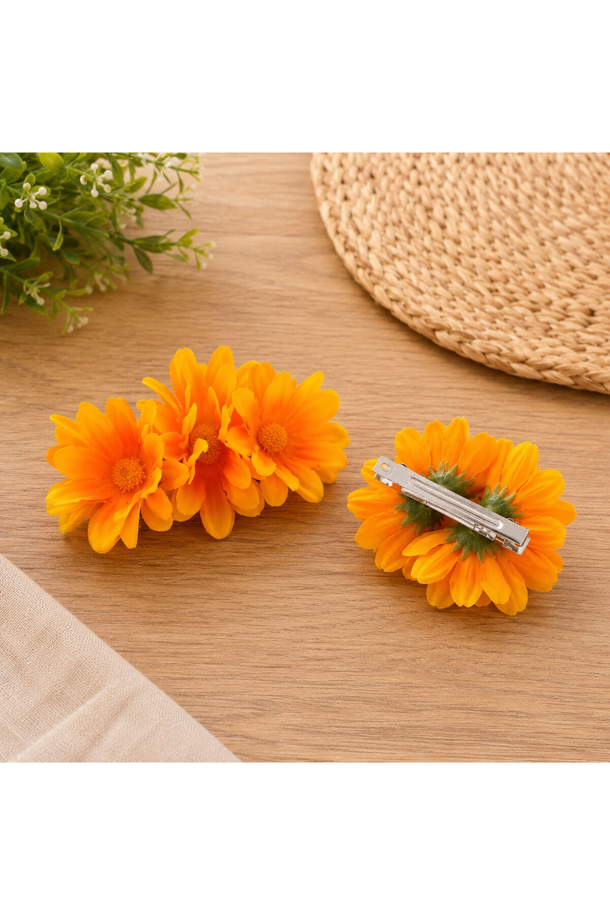 Pens toka çiçekli pens toka 2 adet çiçekli toka fransız topuz tokası Turuncu papatya cıcek