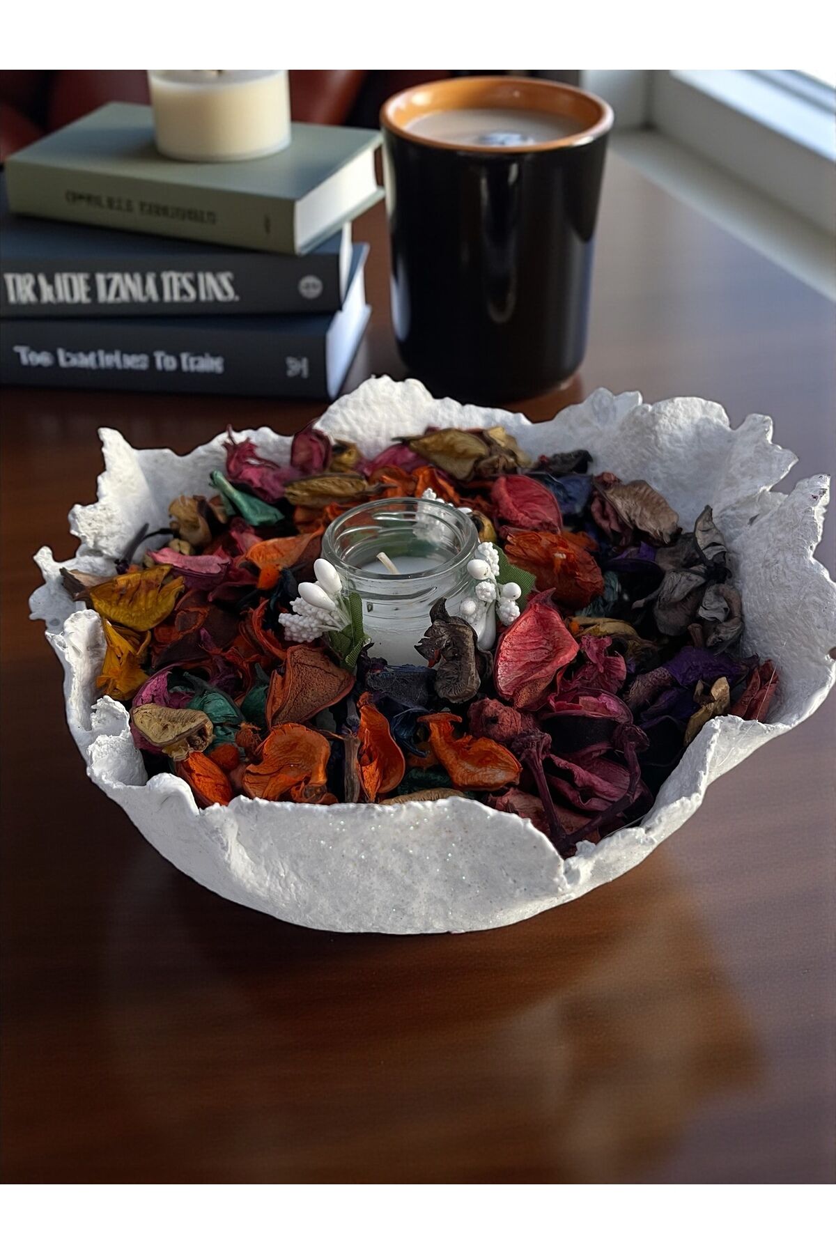 Doğal çiçek kozalak kase mum detaylı tasarım hediye kase 20x20 cm Bordo mum