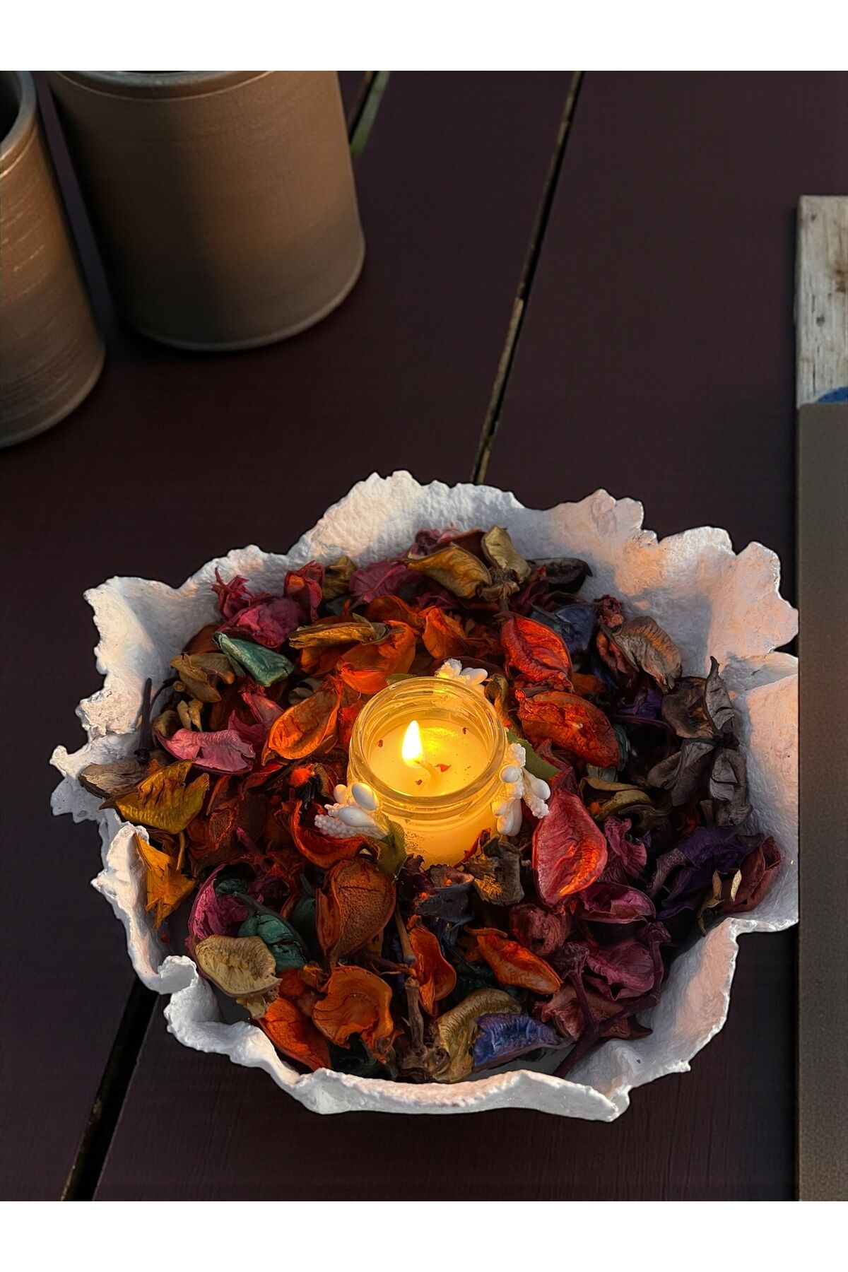 Doğal çiçek kozalak kase mum detaylı tasarım hediye kase 20x20 cm Bordo mum