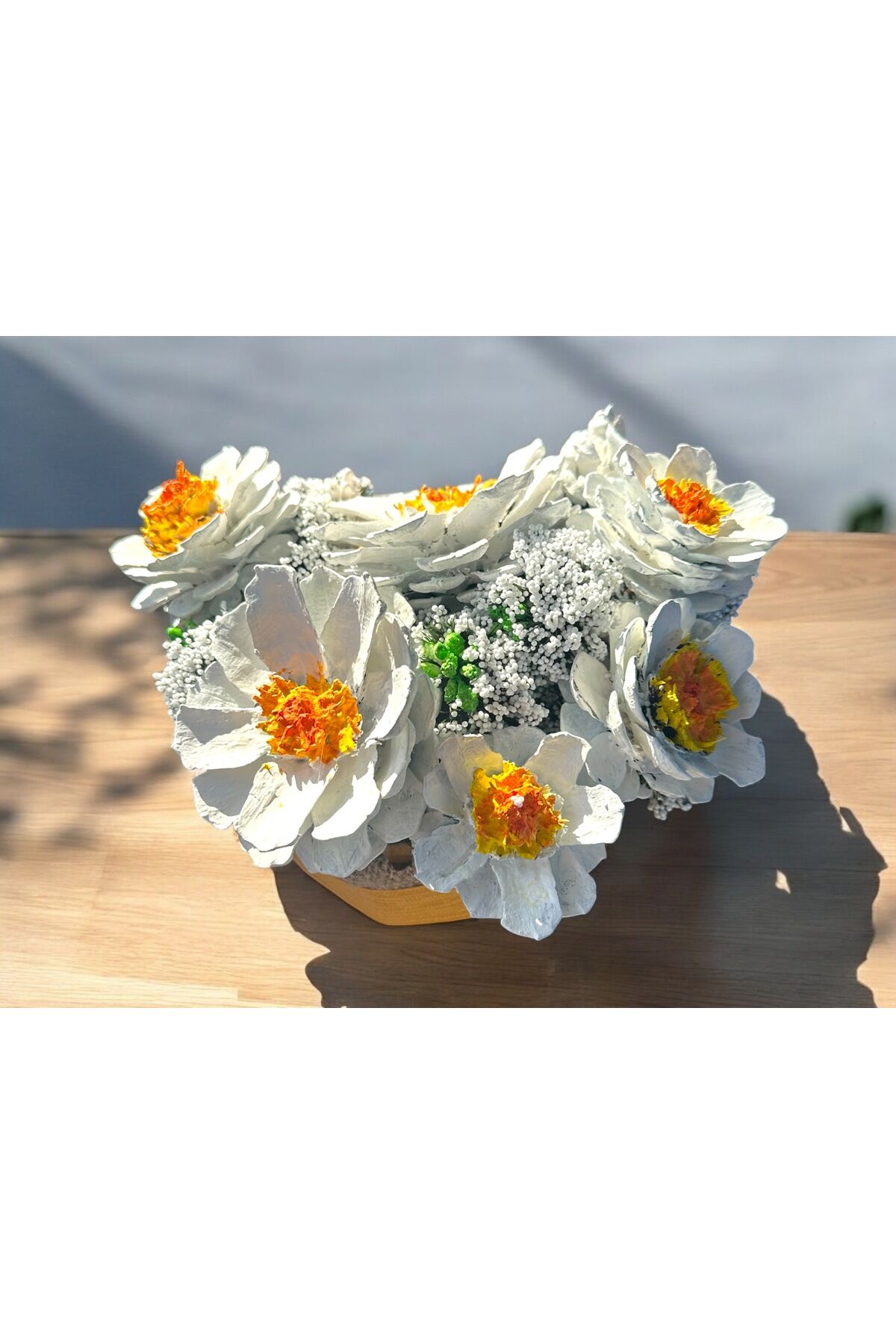 Çiçek Buketi kozalak tasarım solmayan Çiçek Buketi ev hediyesi Sevgililer günü hediye 22x15 cm Beyaz