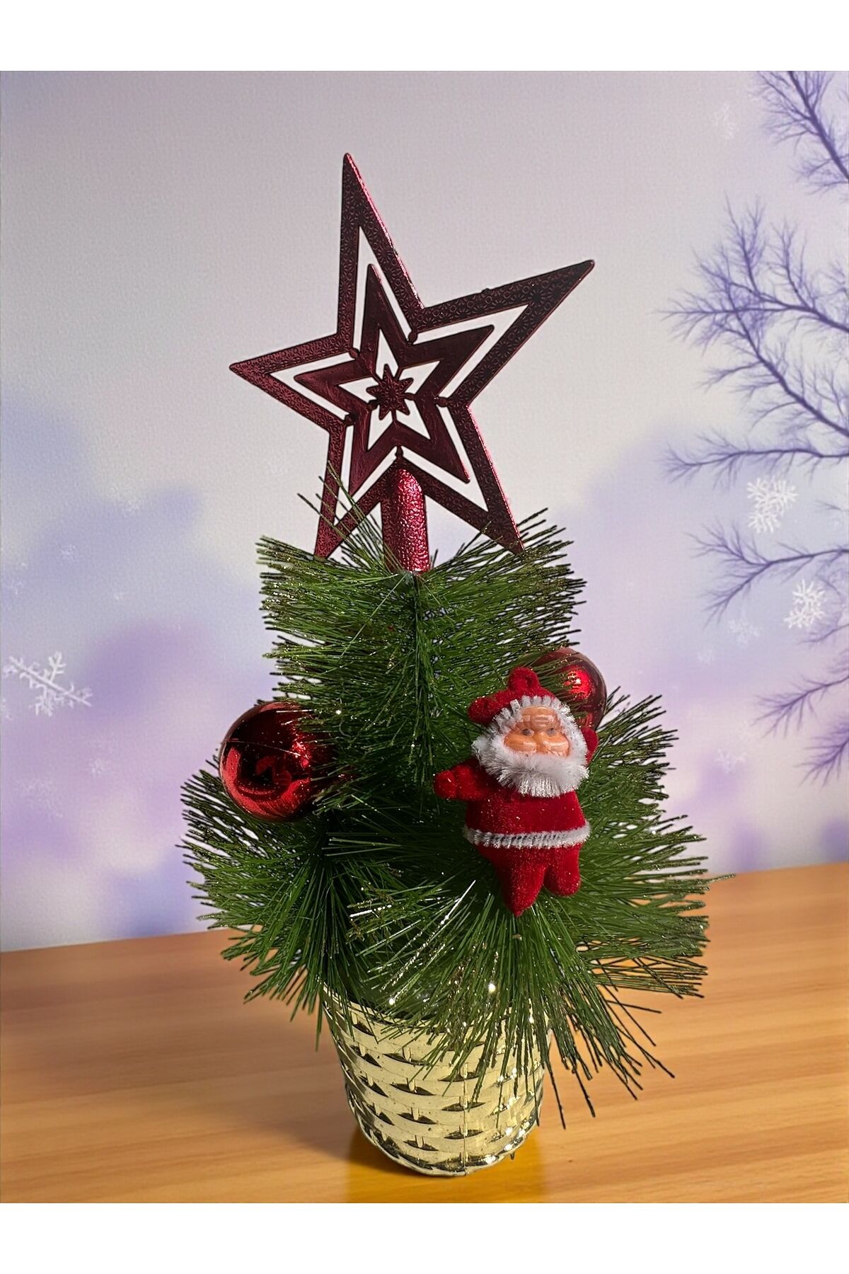 Mini Ağaç Yapay Yılbaşı Ağacı Dekoratif Ev Süsleme noel baba Yıldız temalı 28 cm Kırmızı