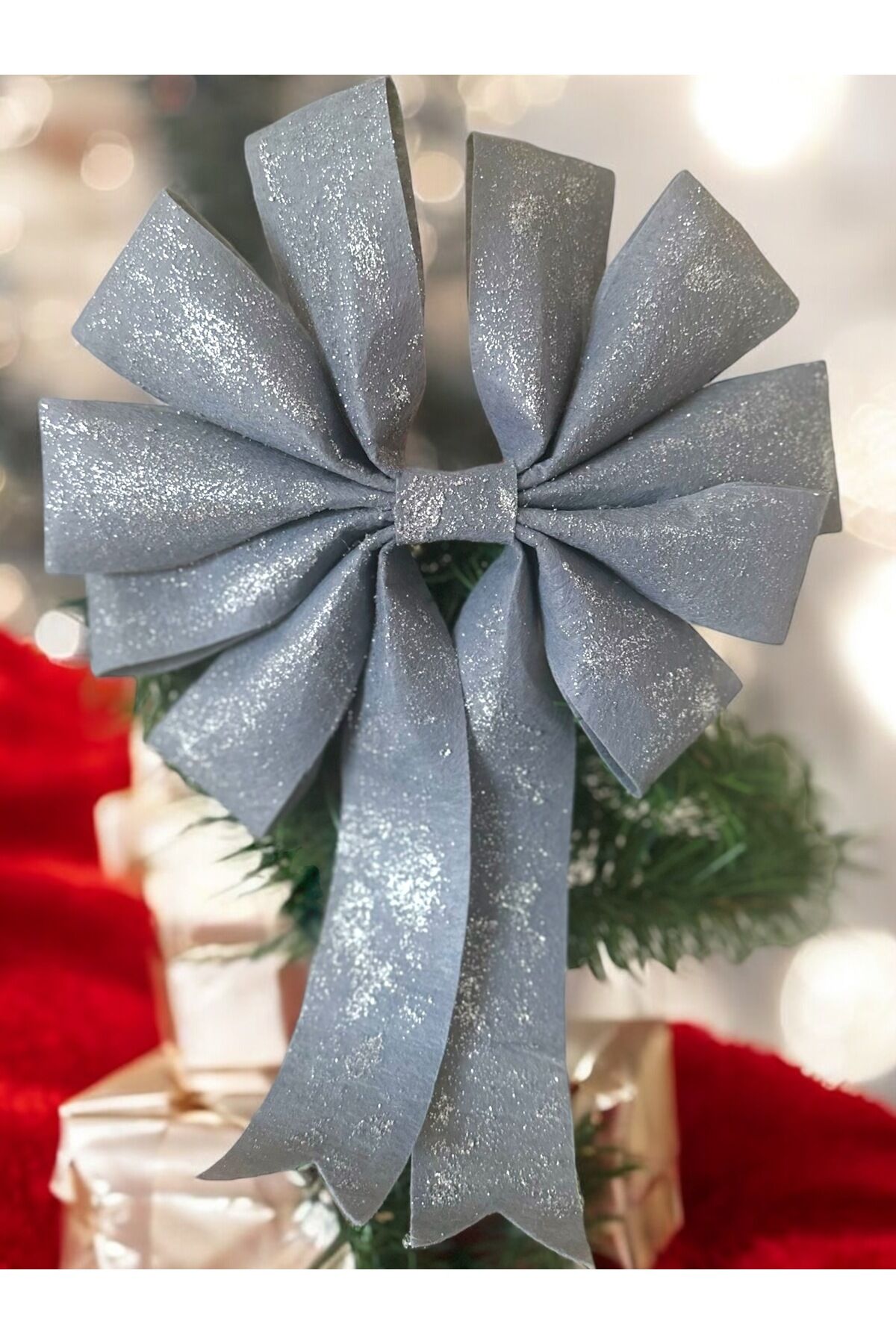 Simli Büyük Fiyonk Dekor Yılbaşı Çam Ağacı Süs Fiyonk Buyuk simli dekoratif fiyonk 35x25 Cm Gri Gümüş