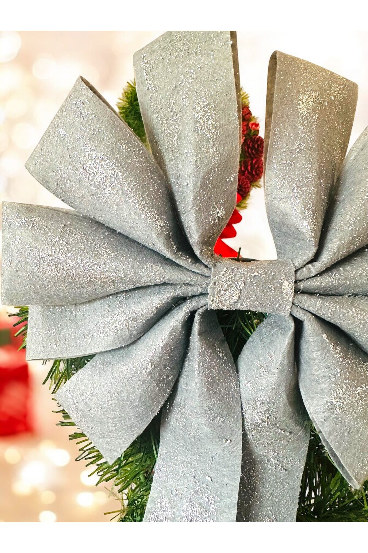 Simli Büyük Fiyonk Dekor Yılbaşı Çam Ağacı Süs Fiyonk Buyuk simli dekoratif fiyonk 35x25 Cm Gri Gümüş