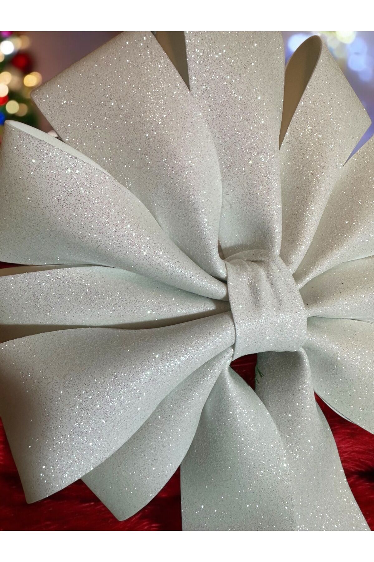Simli Büyük Fiyonk Dekor Yılbaşı Çam Ağacı Süs Fiyonk Buyuk simli dekoratif fiyonk 35x25 Cm Beyaz Simli