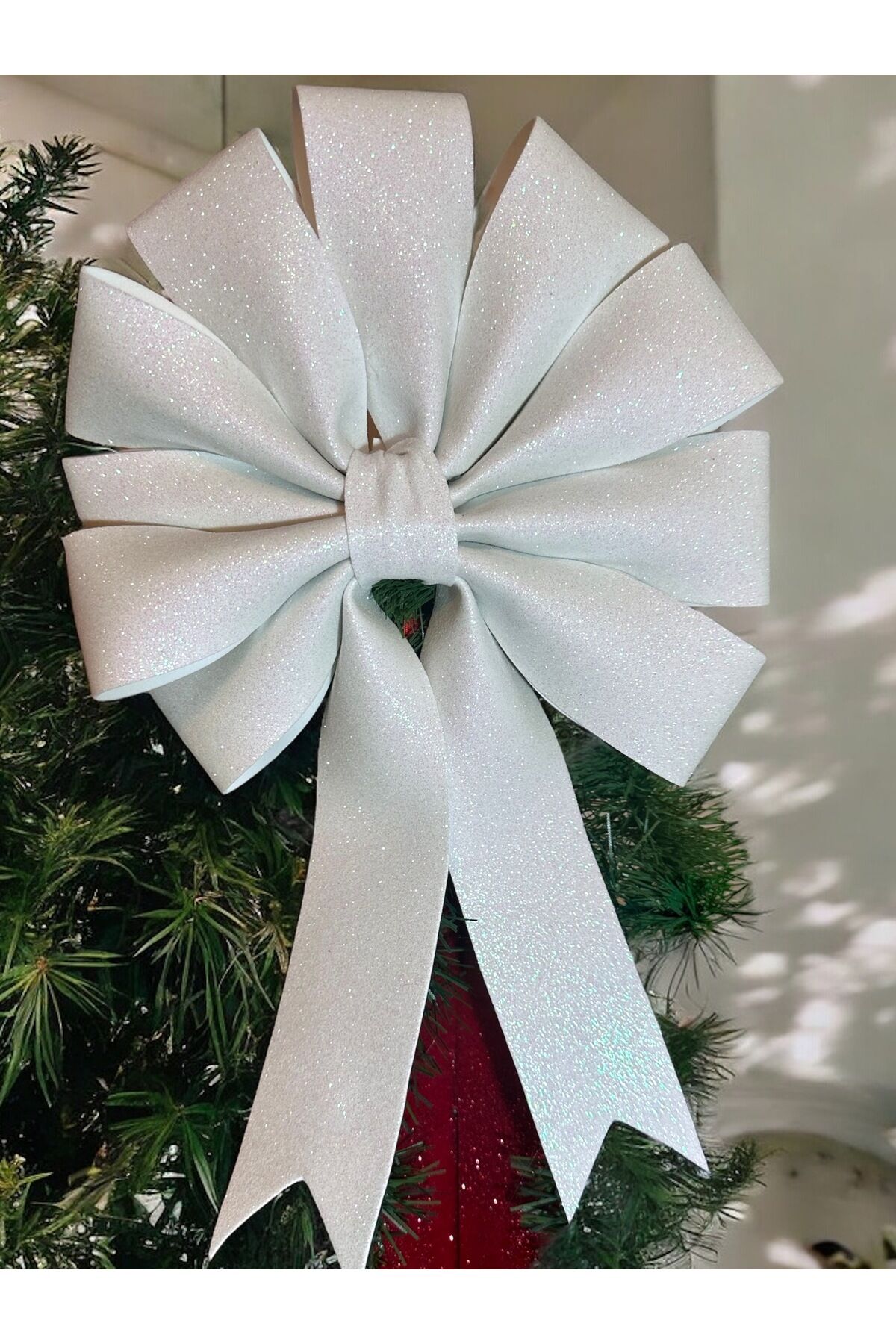 Simli Büyük Fiyonk Dekor Yılbaşı Çam Ağacı Süs Fiyonk Buyuk simli dekoratif fiyonk 35x25 Cm Beyaz Simli