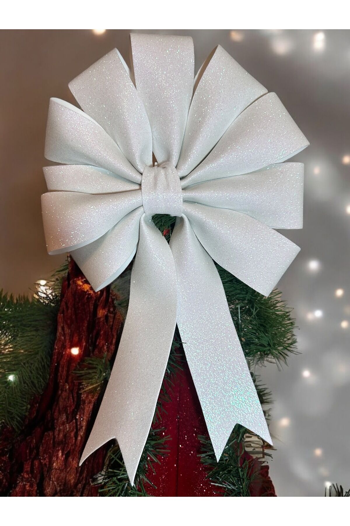 Simli Büyük Fiyonk Dekor Yılbaşı Çam Ağacı Süs Fiyonk Buyuk simli dekoratif fiyonk 35x25 Cm Beyaz Simli