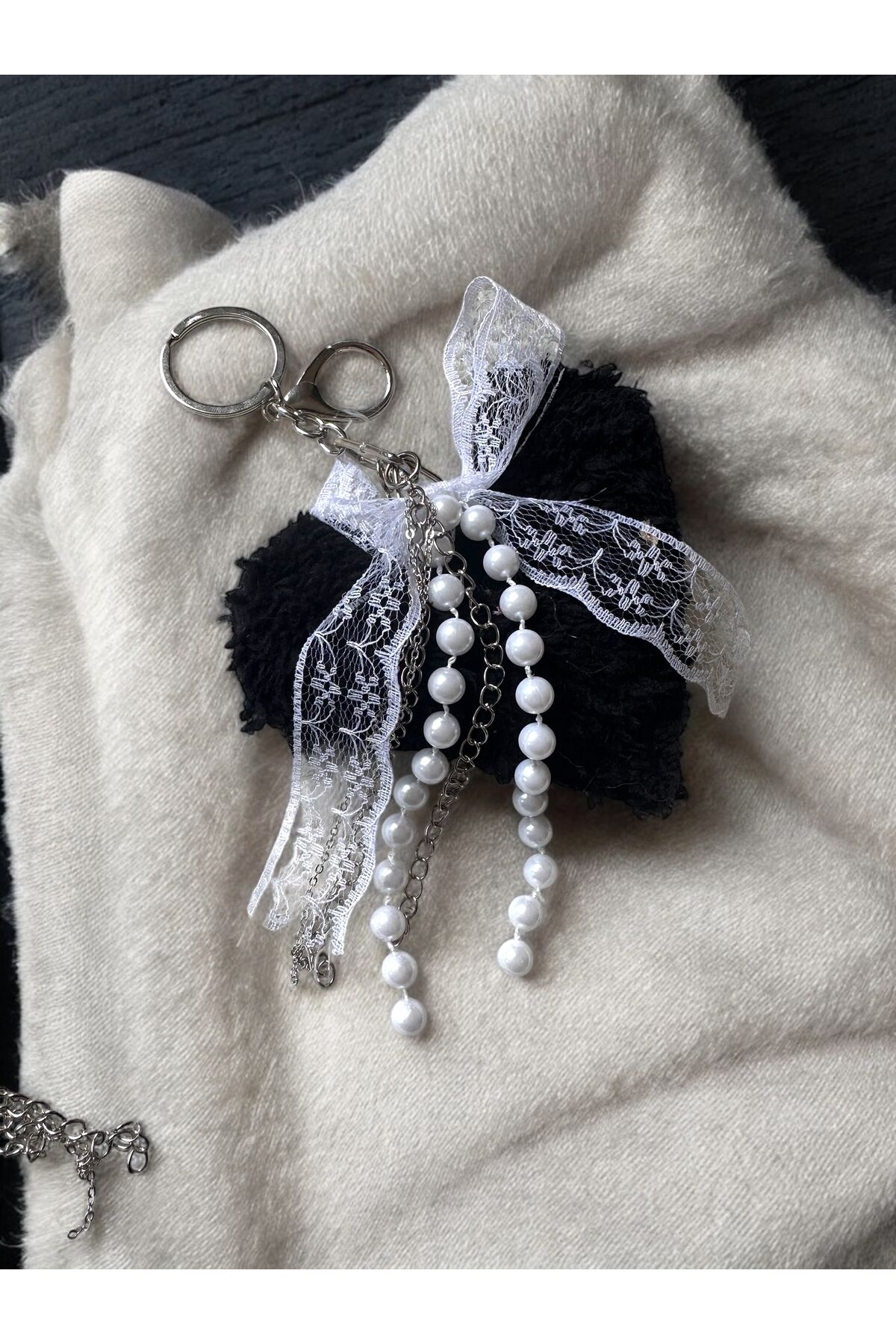 Çanta aksesuarı Çanta Charm Dantel Fiyonklu charm Peluş Kalp inci çanta charm Siyah