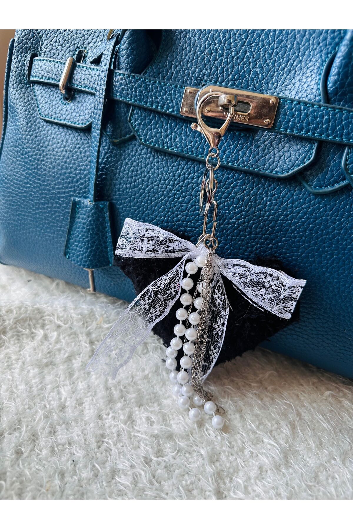 Çanta aksesuarı Çanta Charm Dantel Fiyonklu charm Peluş Kalp inci çanta charm Siyah