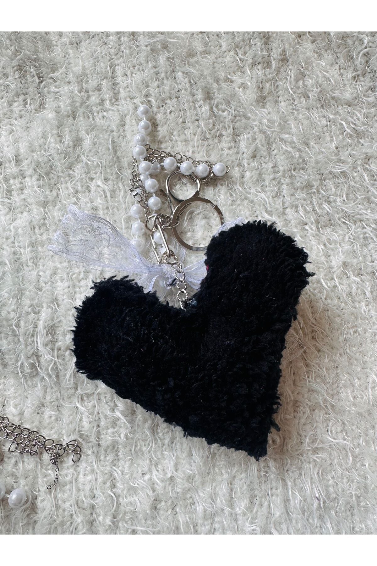 Çanta aksesuarı Çanta Charm Dantel Fiyonklu charm Peluş Kalp inci çanta charm Siyah