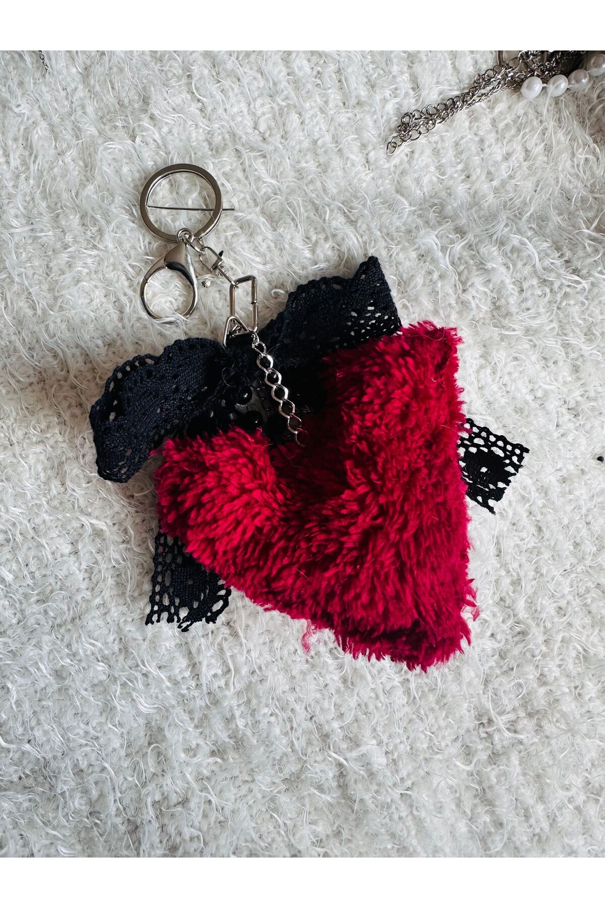 Çanta aksesuarı Çanta Charm Dantel Fiyonklu charm Peluş Kalp inci çanta charm Bordo