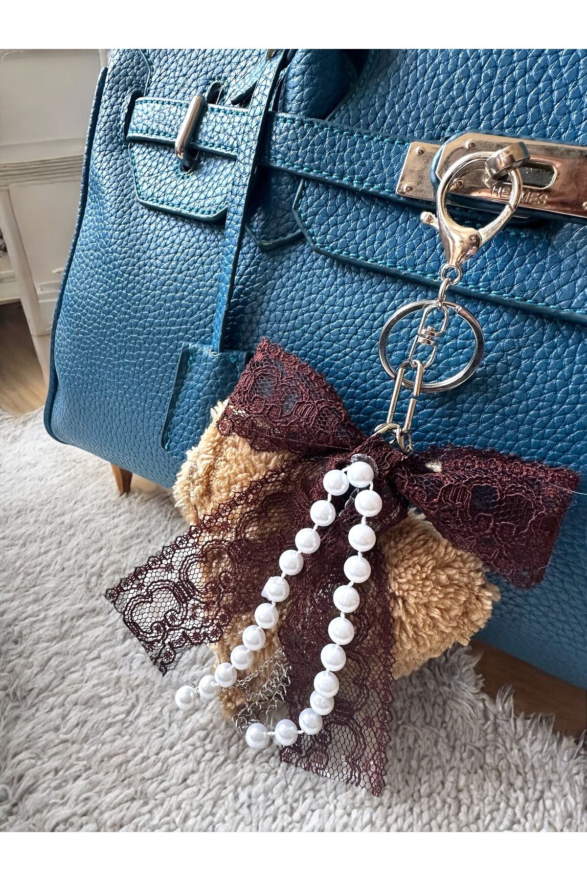 Çanta aksesuarı Çanta Charm Dantel Fiyonklu charm Peluş Kalp inci çanta charm Kahverengi