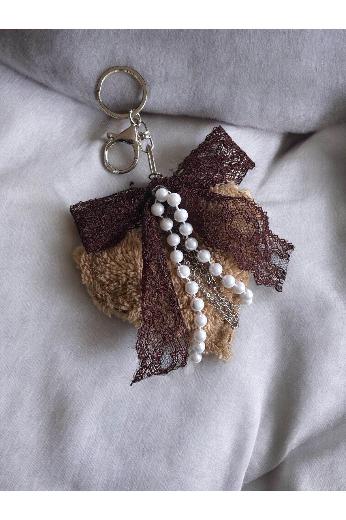 Çanta aksesuarı Çanta Charm Dantel Fiyonklu charm Peluş Kalp inci çanta charm Kahverengi