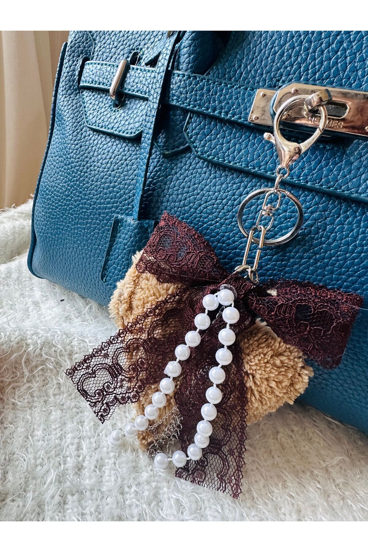Çanta aksesuarı Çanta Charm Dantel Fiyonklu charm Peluş Kalp inci çanta charm Kahverengi