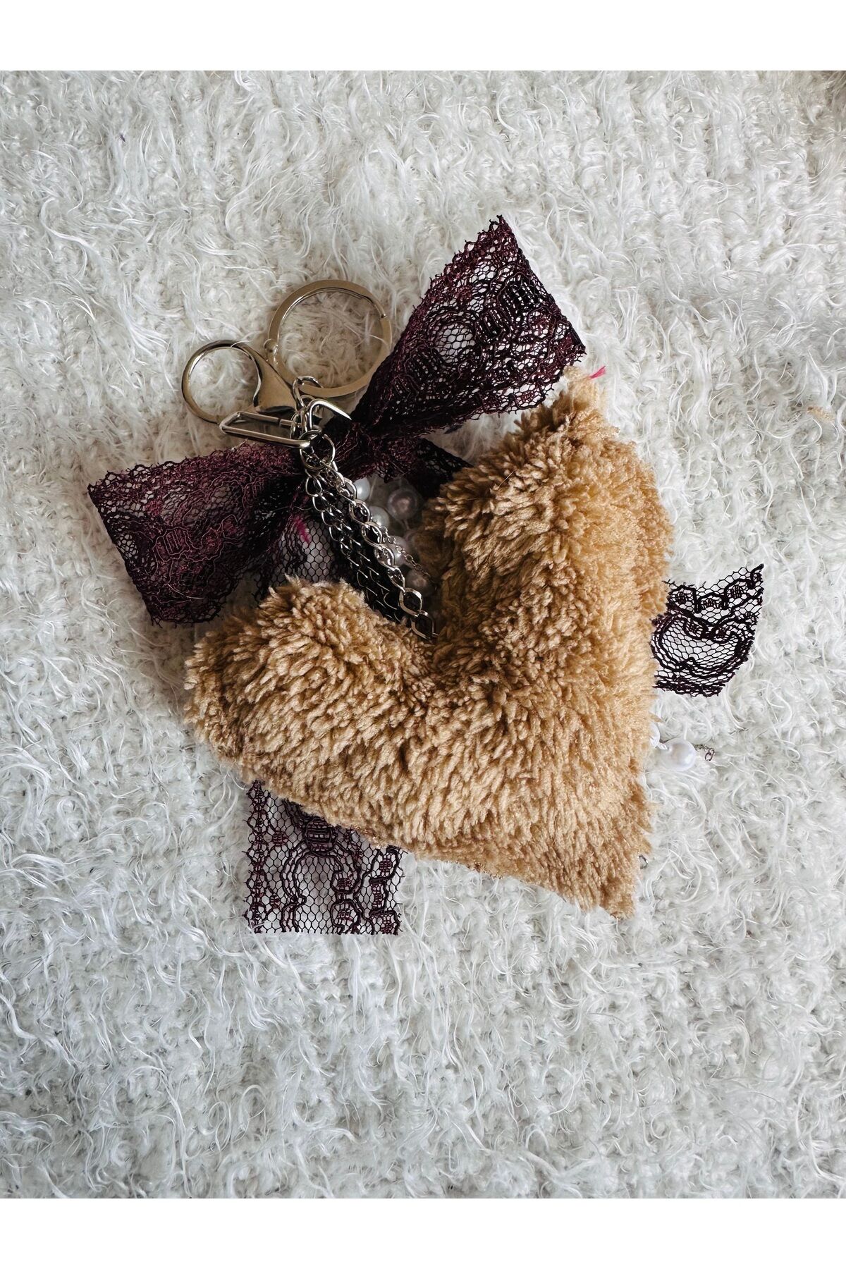 Çanta aksesuarı Çanta Charm Dantel Fiyonklu charm Peluş Kalp inci çanta charm Kahverengi