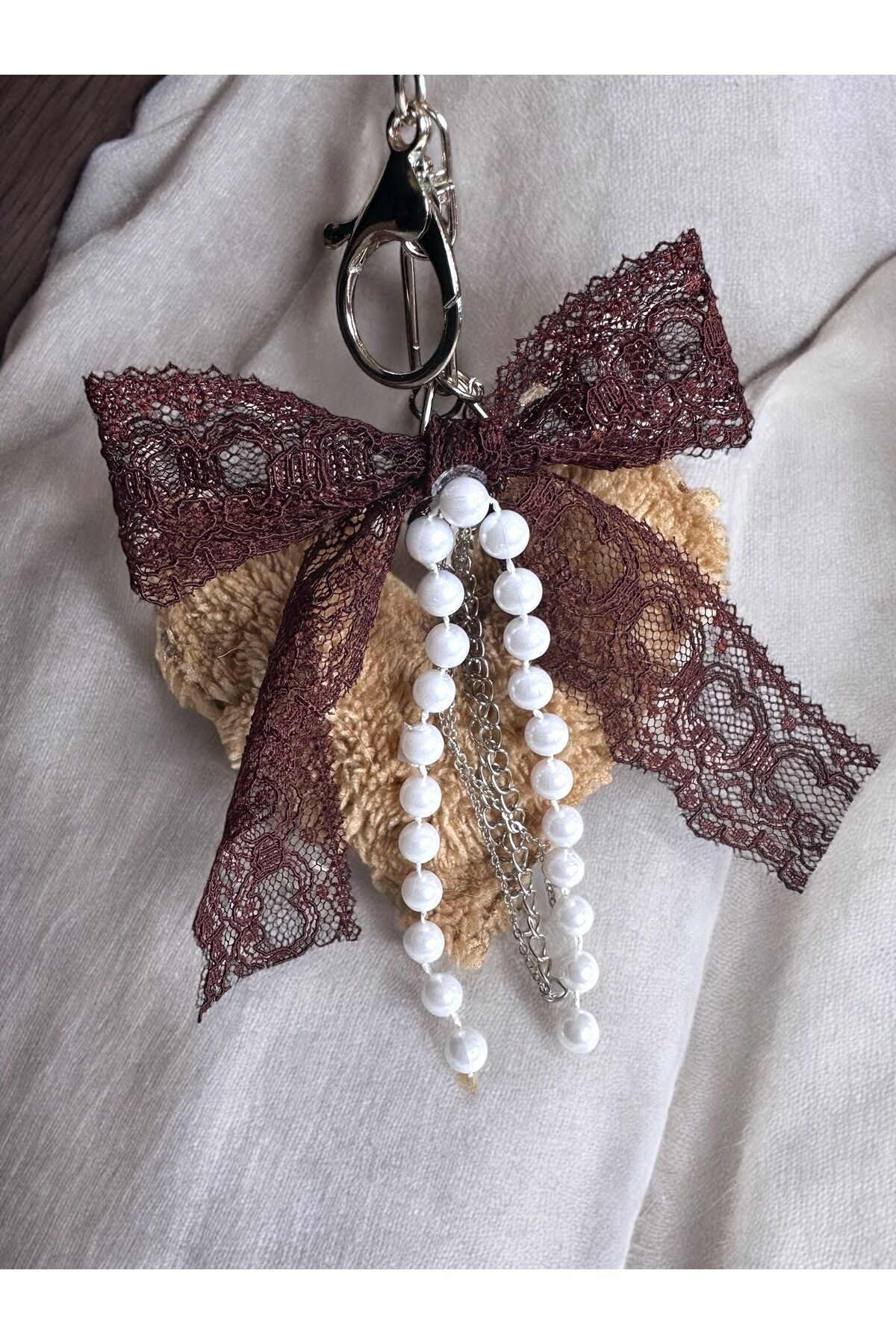 Çanta aksesuarı Çanta Charm Dantel Fiyonklu charm Peluş Kalp inci çanta charm Kahverengi
