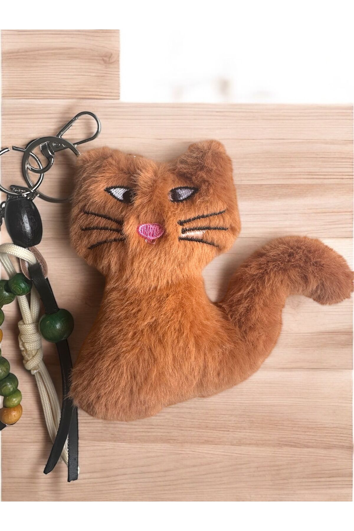 Çanta Aksesuarı Çanta Charmı  Peluş Kedi Çanta Charm Deri ve ip detaylı çanka aksesuarı Kahverengi