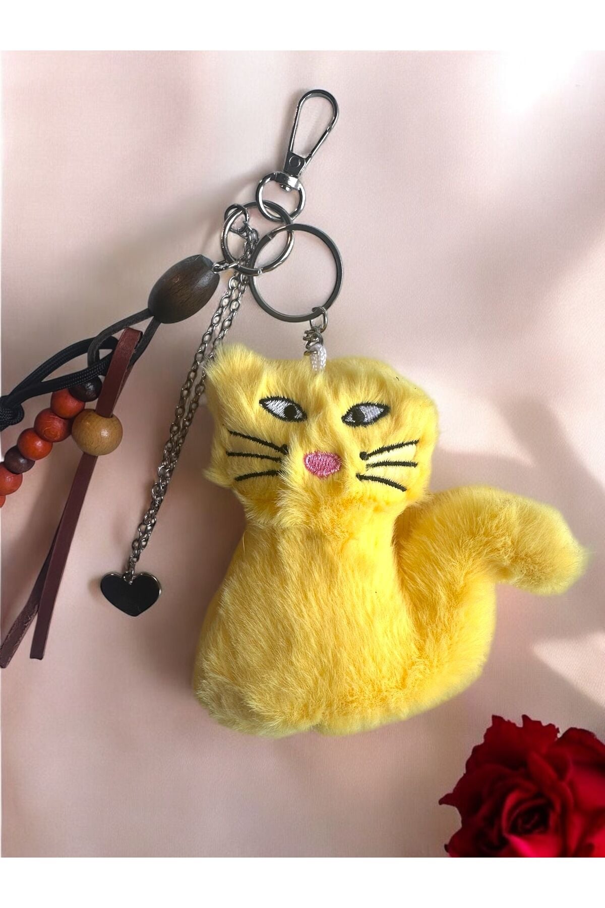 Çanta Aksesuarı Çanta Charmı  Peluş Kedi Çanta Charm Deri ve ip detaylı çanka aksesuarı Sarı
