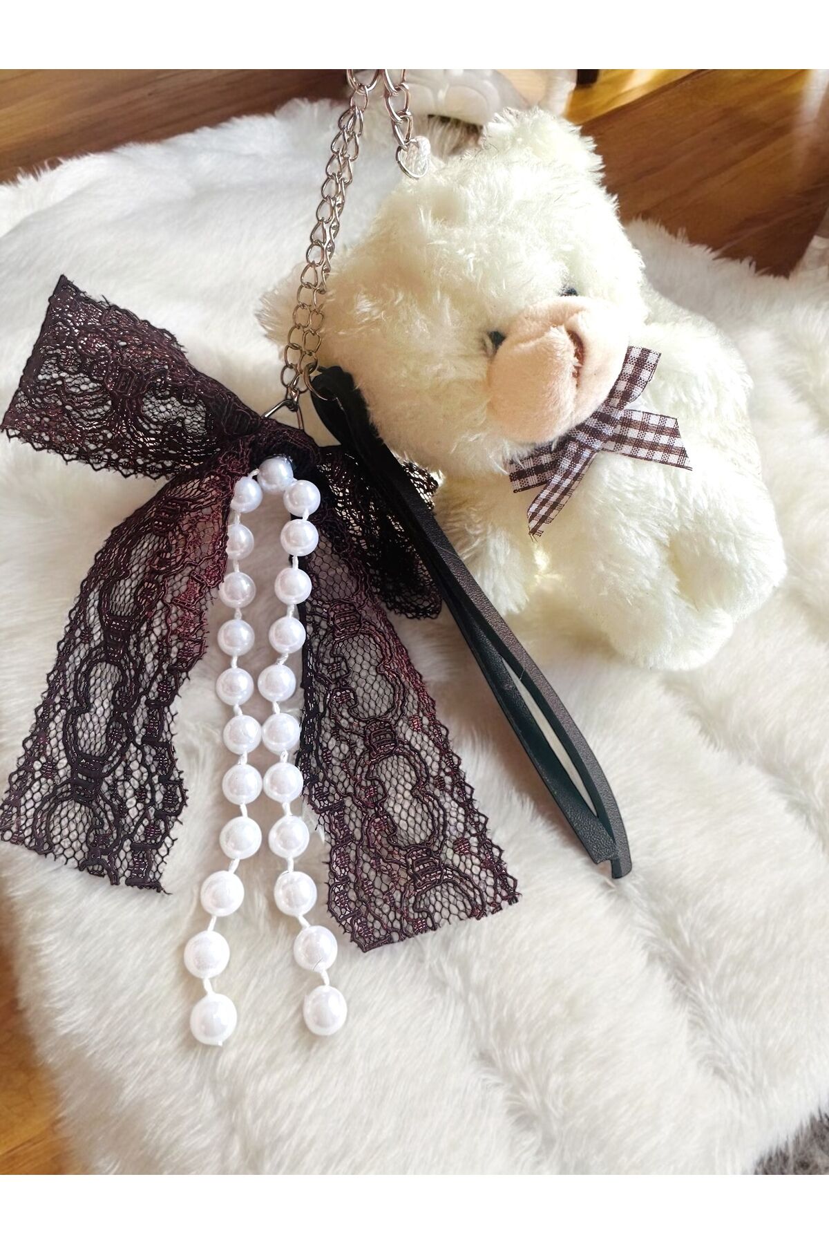 Çanta charm peluş ayı çanta aksesuarı dantel fiyonk ve ayı anahtarlık tasarım charm Krem ayı