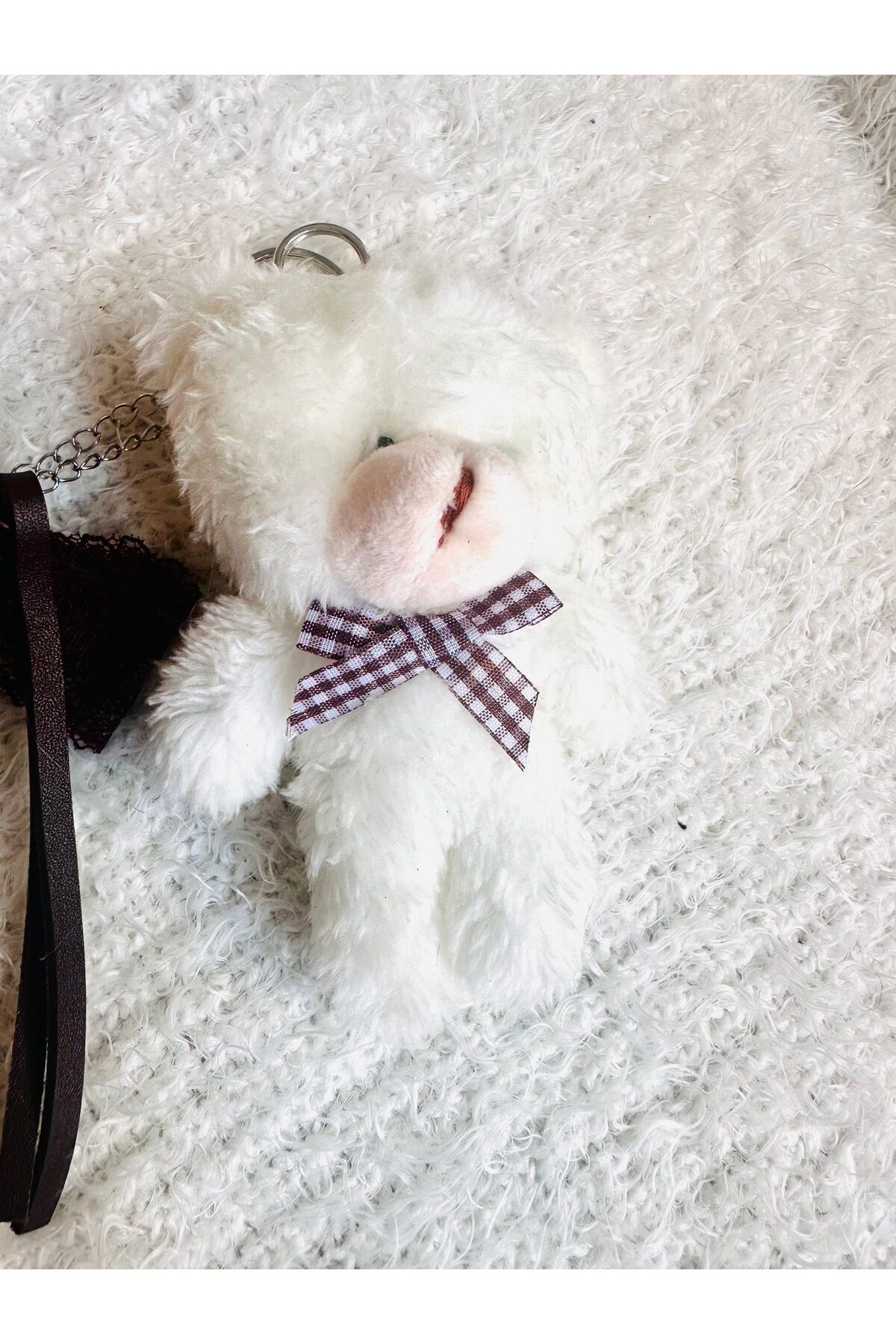 Çanta charm peluş ayı çanta aksesuarı dantel fiyonk ve ayı anahtarlık tasarım charm Krem ayı