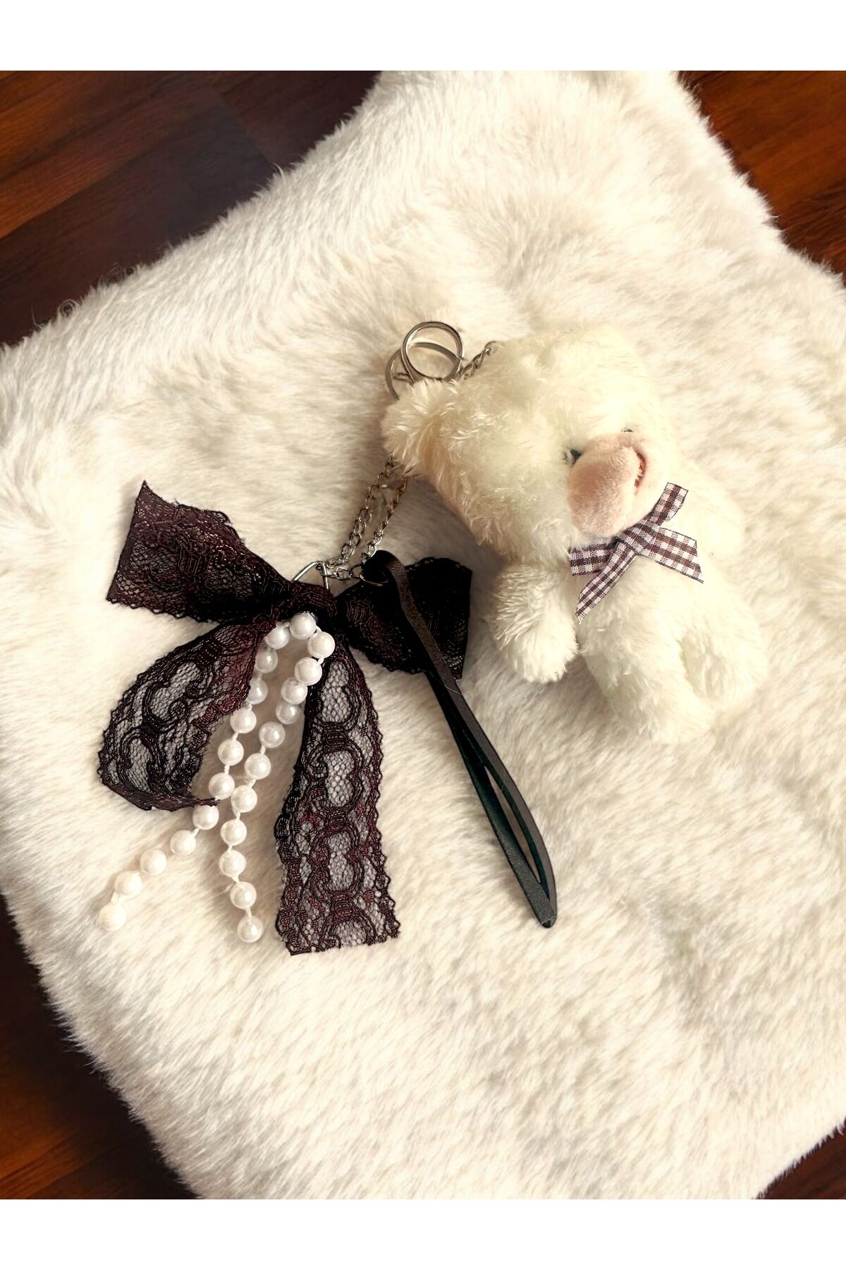 Çanta charm peluş ayı çanta aksesuarı dantel fiyonk ve ayı anahtarlık tasarım charm Krem ayı