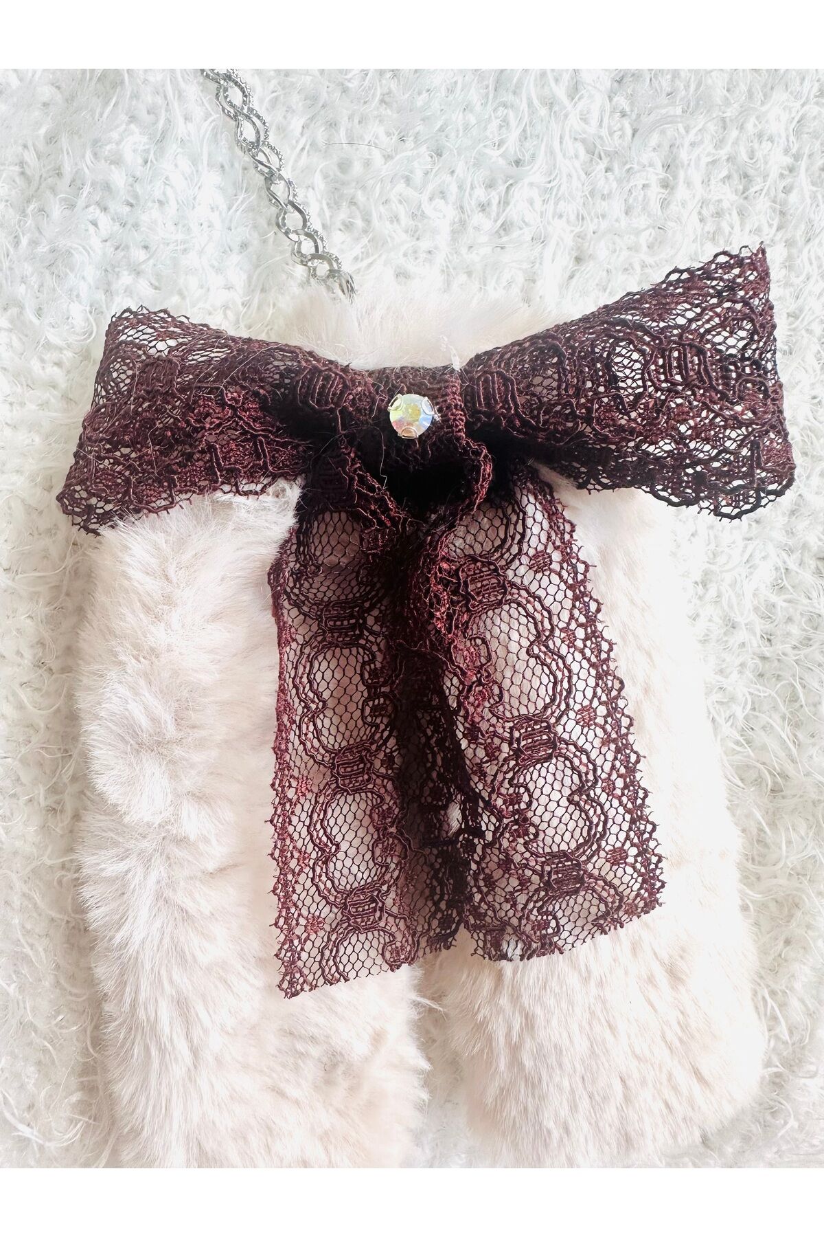 Çanta Charm Kürk Detaylı Fiyonk Charm Peluş Çanta Aksesuarı Peluş Tüylü Anahtarlık