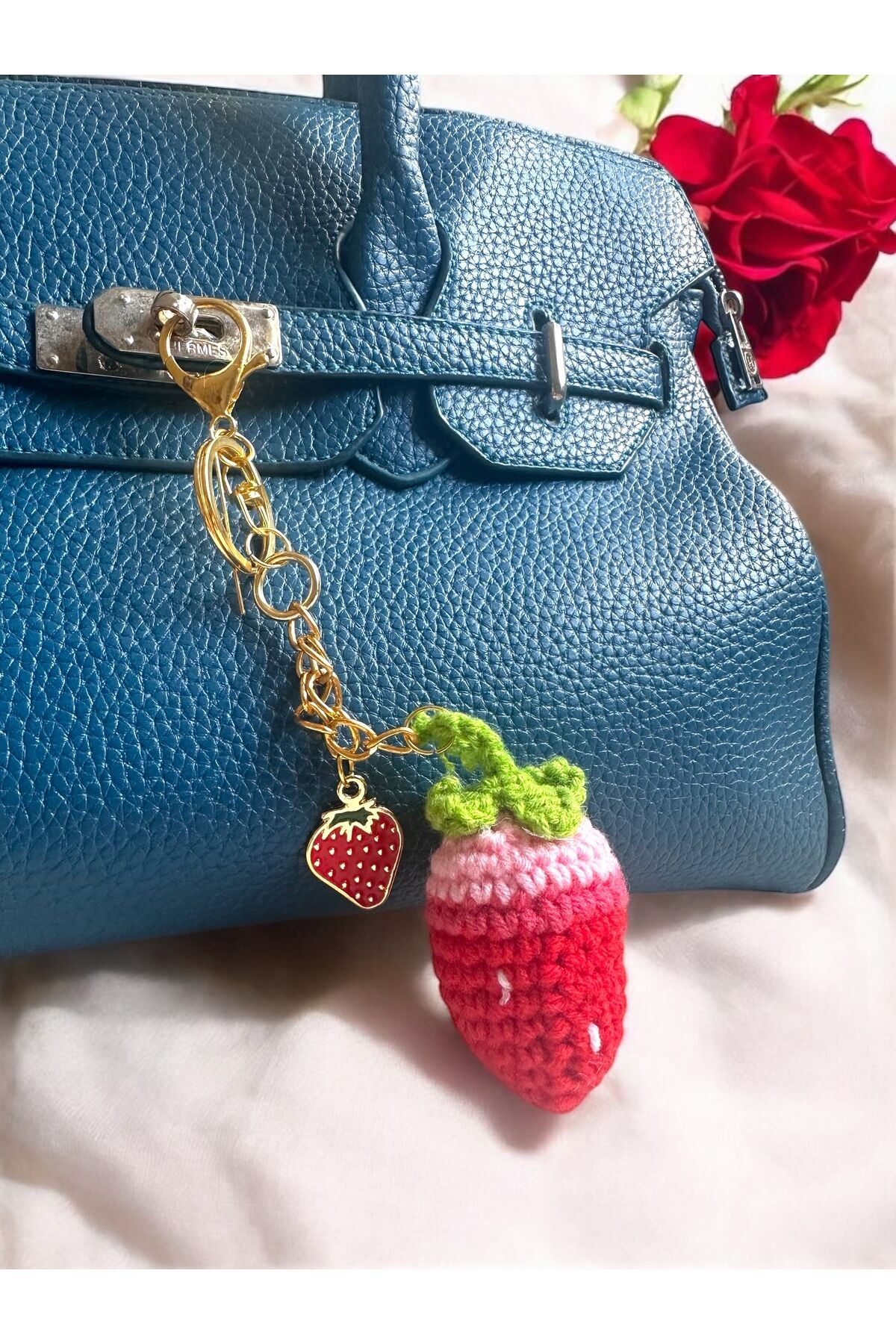 Çanta charm origami örgü çilek charm çanta aksesuarı çilek anahtarlık