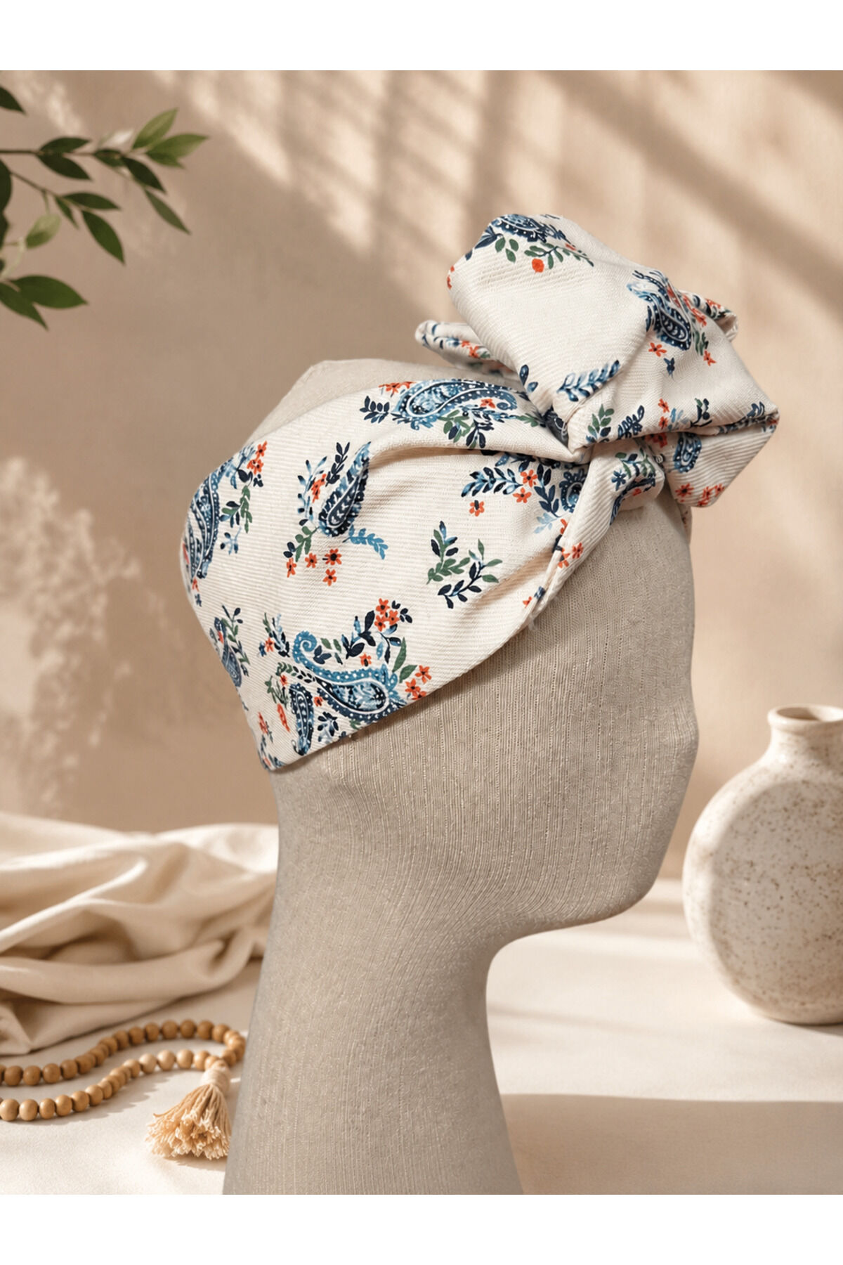 Ekru Şal Desenli Telli Saç Bandı Bandana | Mavi Paisley Desenli Şekil Verilebilir Bohem Kadın Saç Aksesuarı