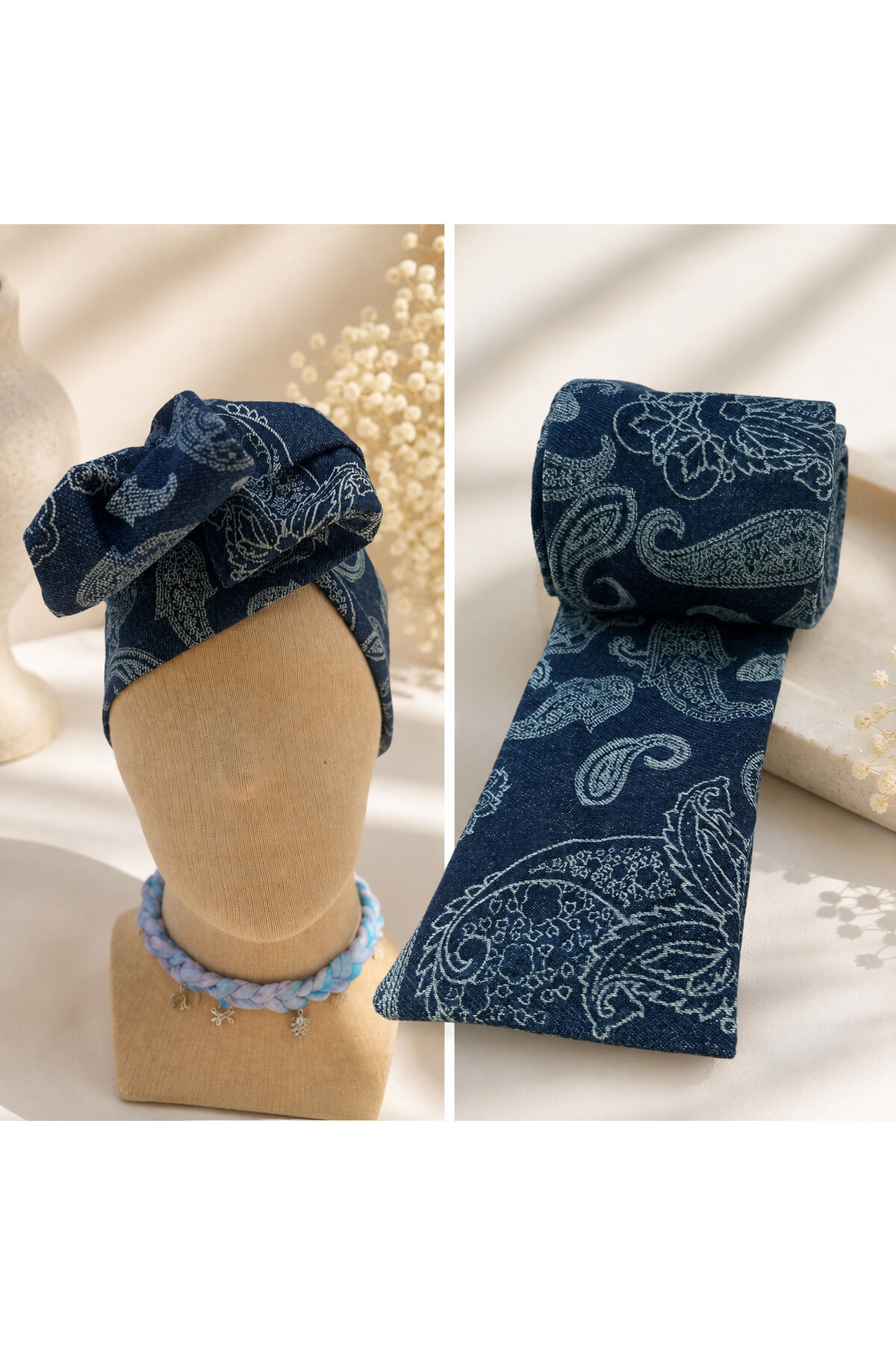 Etnik Desenli Telli Bandana kot Saç Bandı – Ayarlanabilir Bohem Saç Aksesuarı, Lacivert Desenli Kadın Bandana