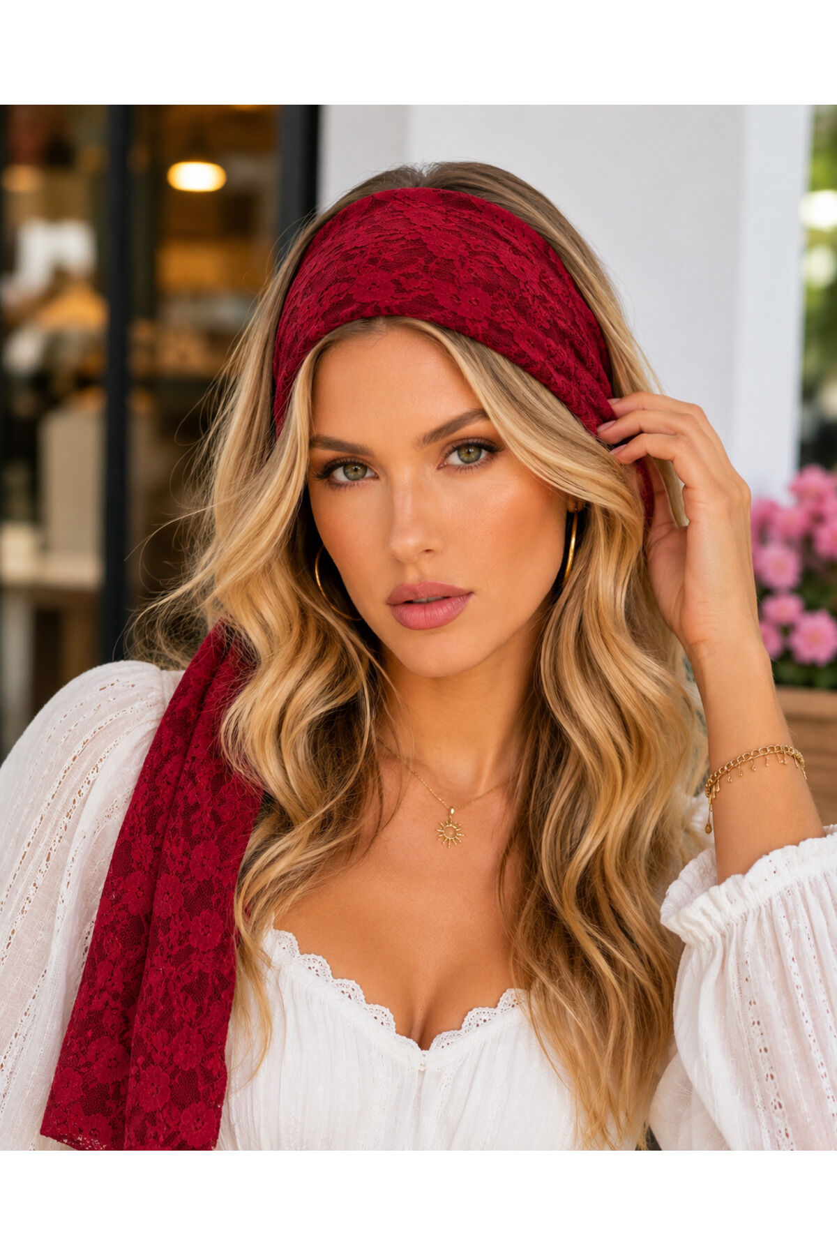 Kırmızı Dantel Saç Bandanası – Ayarlanabilir Bohem Kadın Saç Aksesuarı | El Yapımı Yazlık Bandana