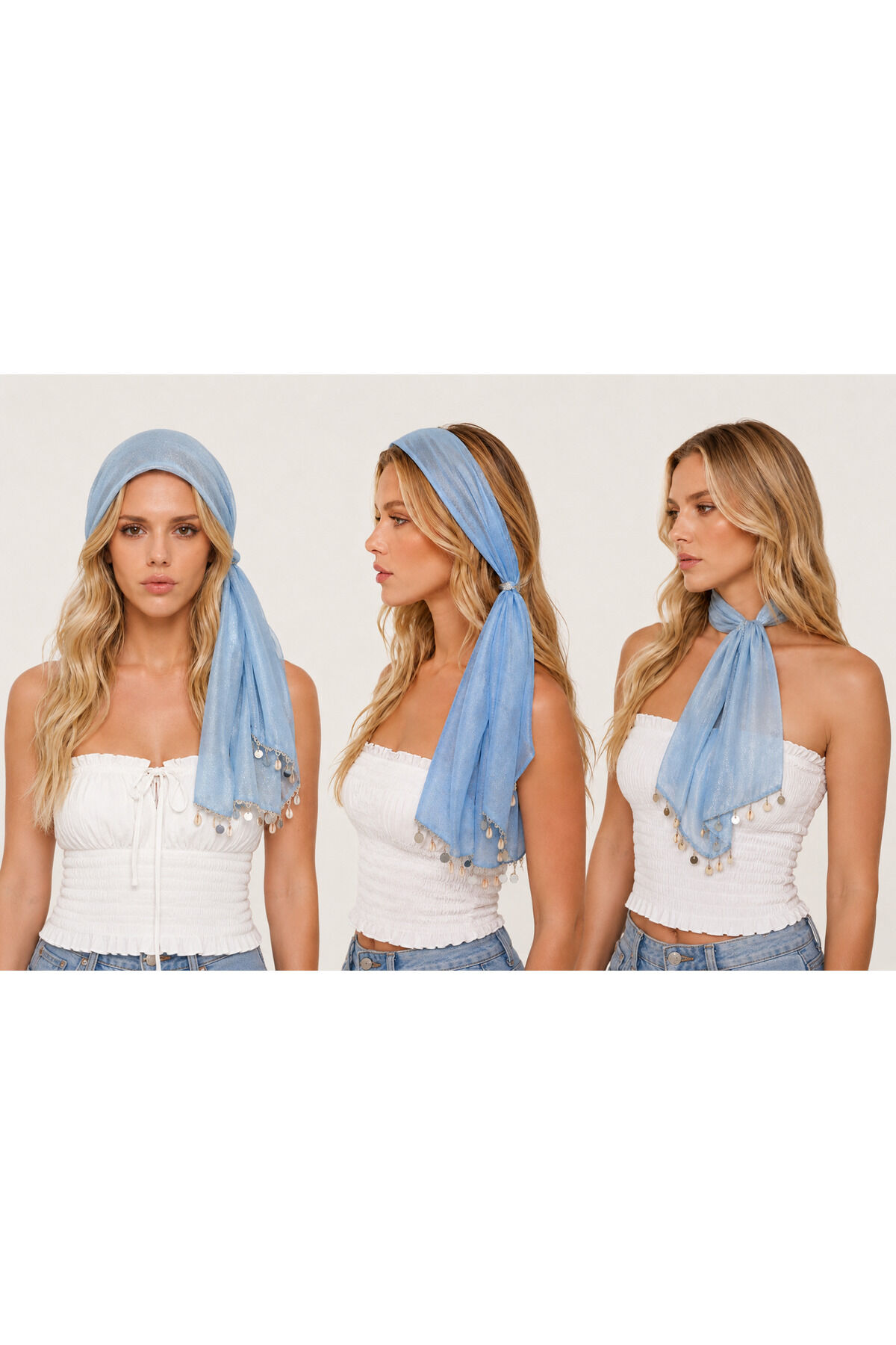 Mavi Simli Çok Amaçlı Bandana Eşarp & Boyun Fuları | Boho Saç Aksesuarı