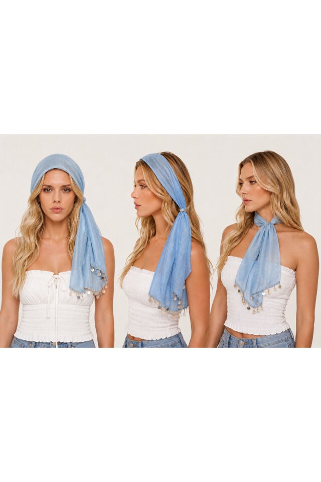 Mavi Simli Çok Amaçlı Bandana Eşarp & Boyun Fuları | Boho Saç Aksesuarı