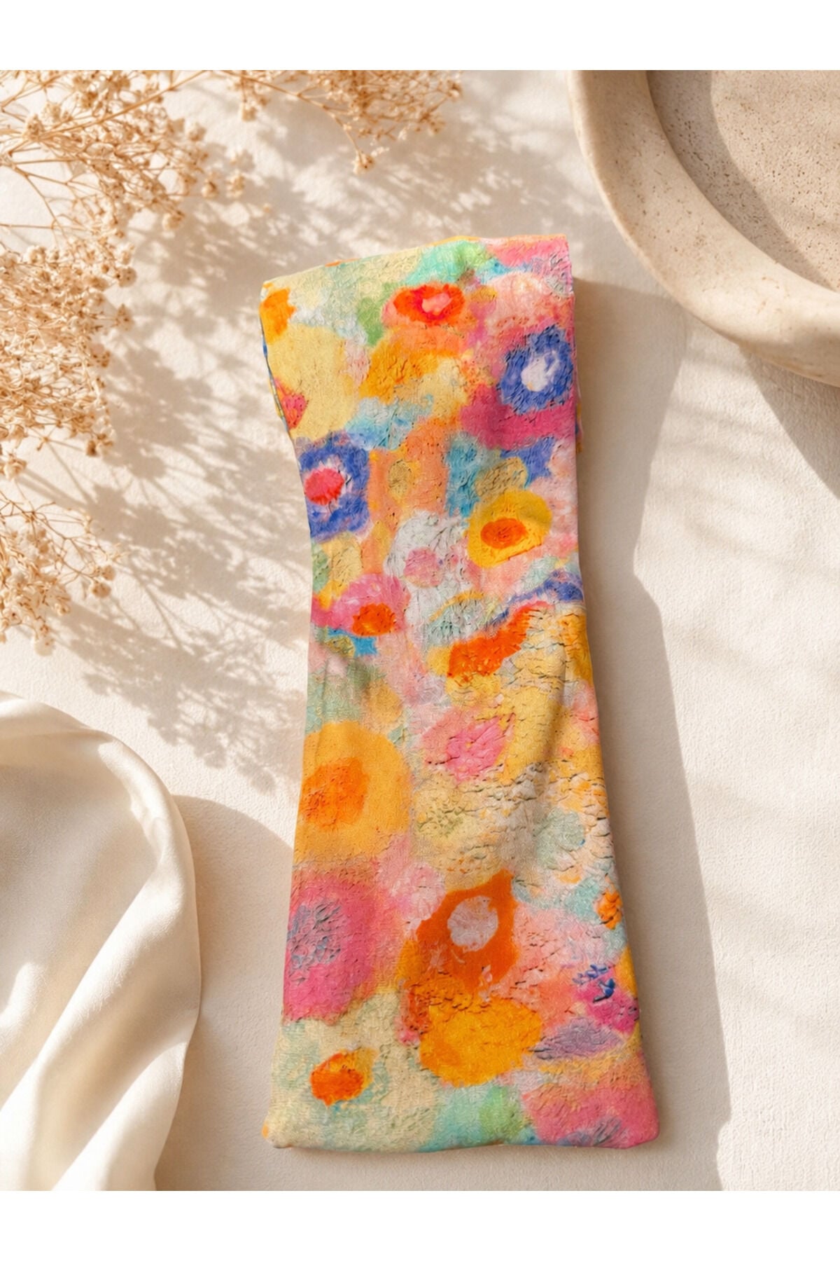 Pastel Çiçek Desenli Telli Saç Bandı Bandana | Şekil Verilebilir Suluboya Efektli Bohem Kadın Saç Aksesuarı