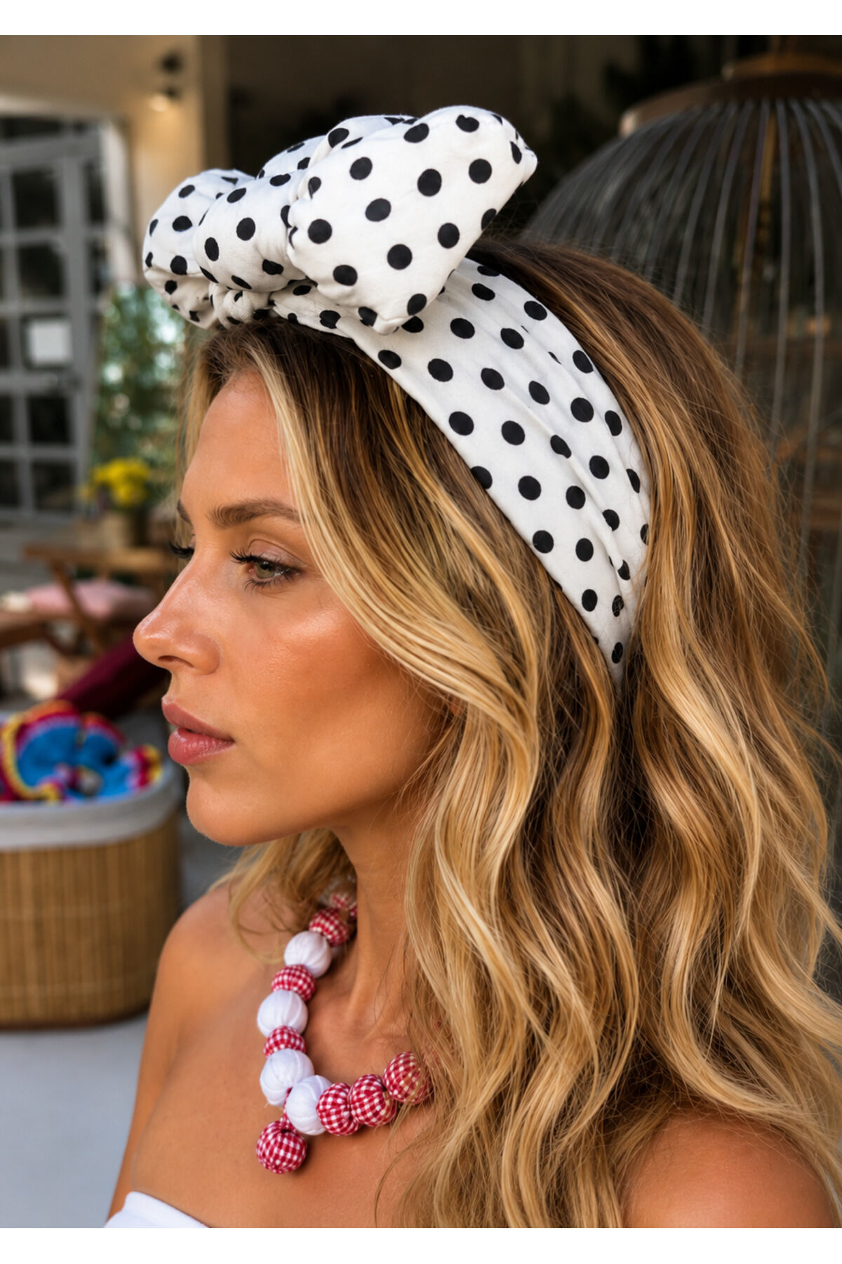 Siyah Beyaz Puantiyeli Telli Bandana – Ayarlanabilir Telli Saç Bandı, Şekil Verilebilir Wire Headband, Retro Pin Up & Bohem Saç Aksesuarı